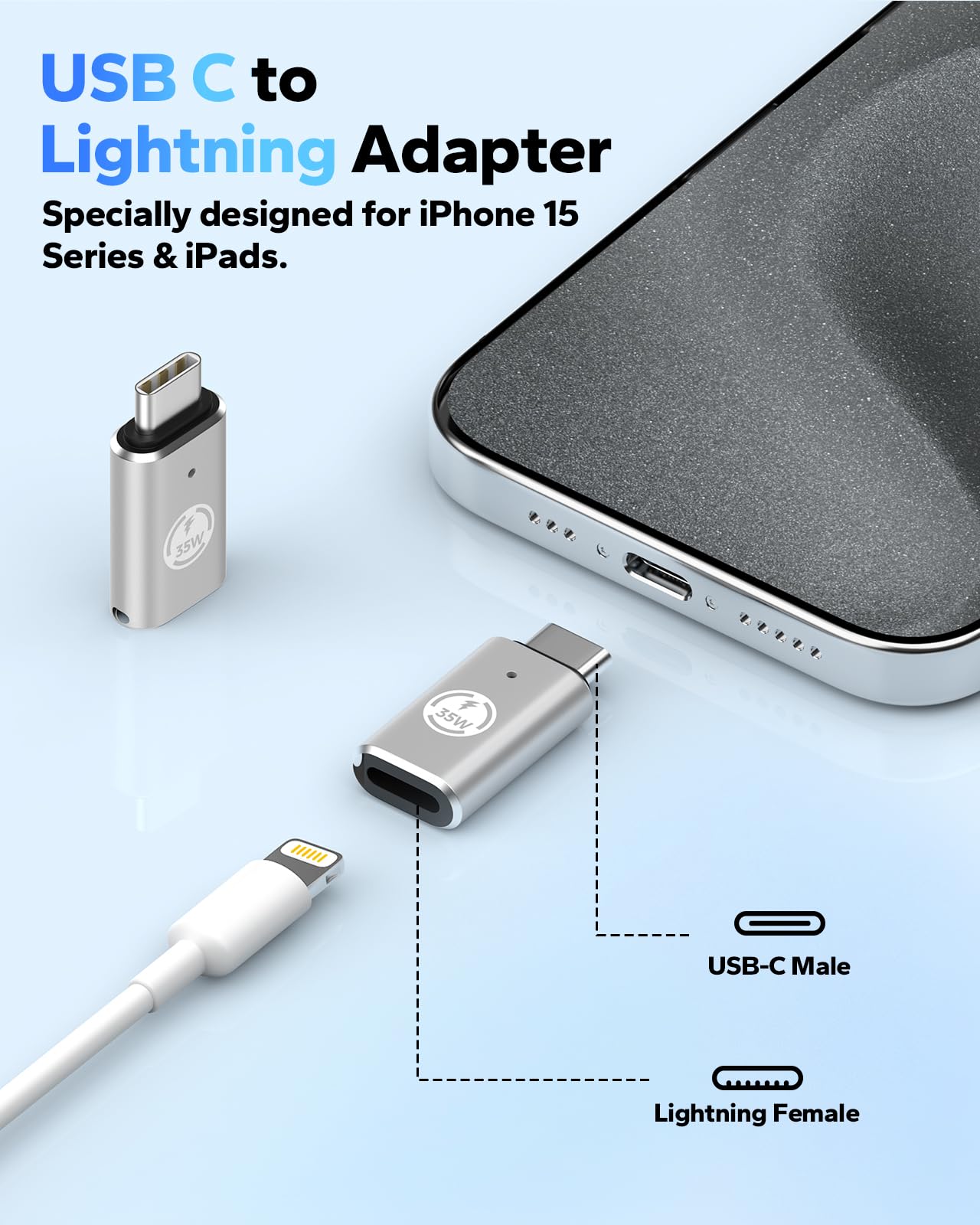 MoKo Lightning to USB C Adapter 4 Pack - Fast Charging for iPhone 15/16 Pro Max, Galaxy S24 - Silver, NOT for Headphone, 35W