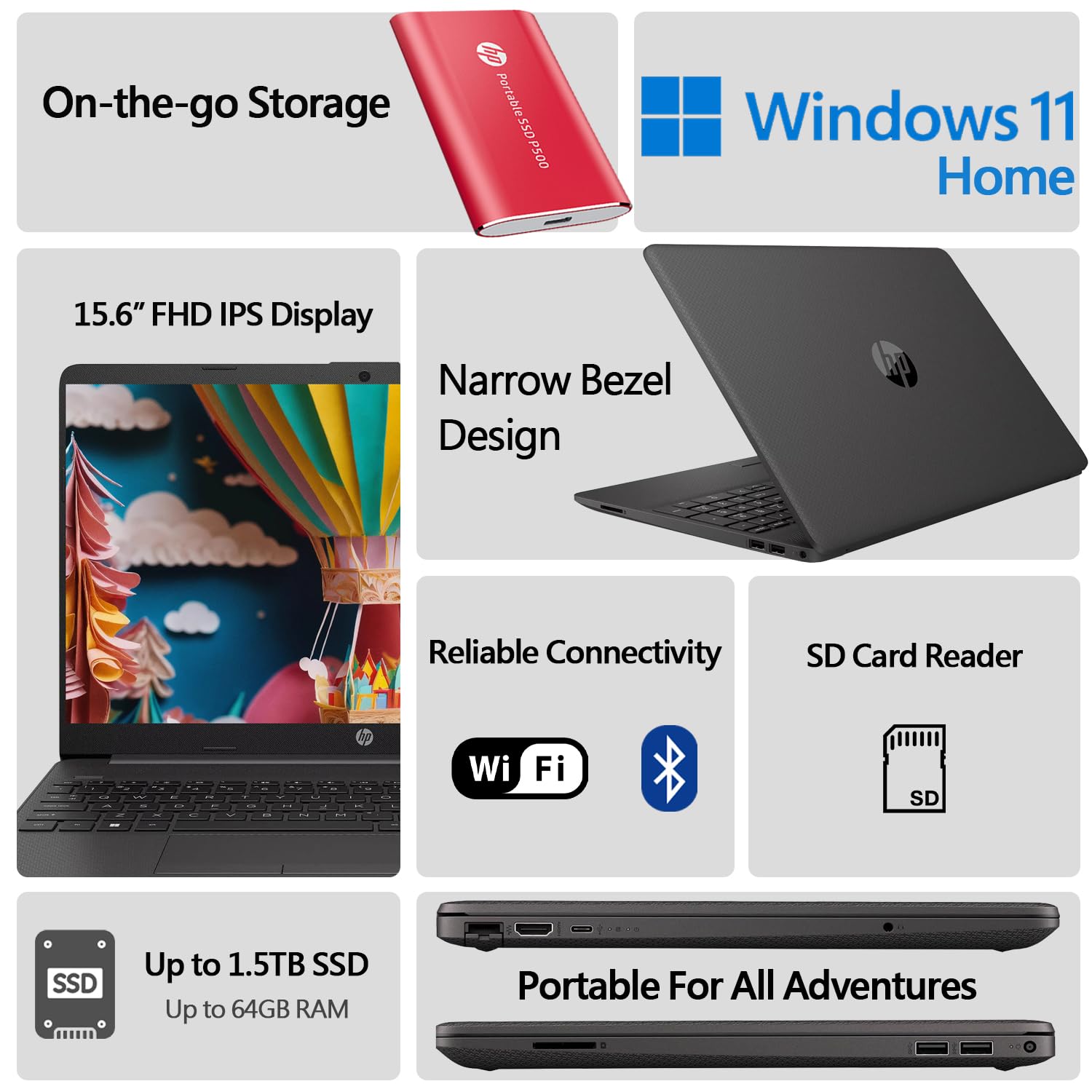 Hp Newest 15.6'' Fhd G8 Laptop, 64Gb Ram, 1Tb Ssd(512Gb Pcie & P500 500Gb External), Amd Ryzen 5 5500U 6 Core Processor(Beat I7