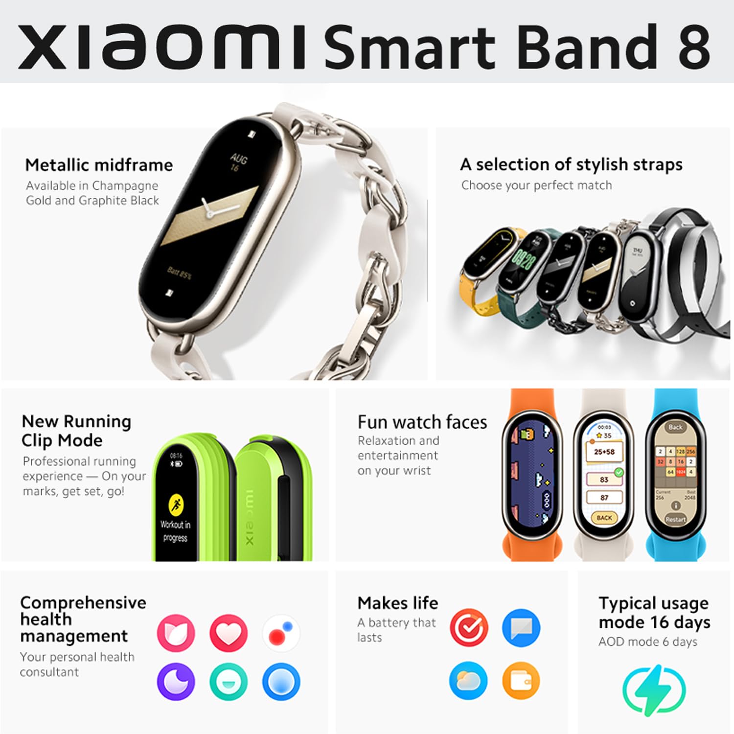 Xiaomi Mi Band 8 Smart Bracelet 1.62 Amoled Screen Heart Rate Blood Oxygen Bluetooth Sport Watch Fitness Traker Watch(Global Ver