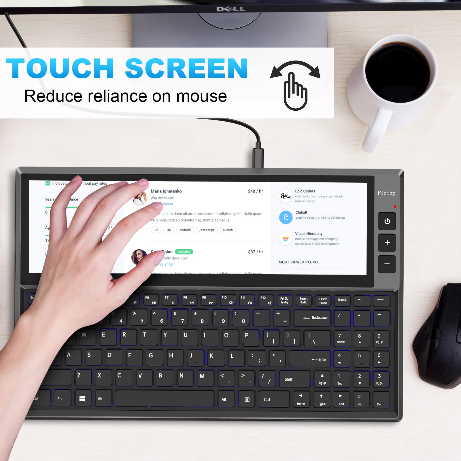 Bqaa Rgb Keyboard, Built In 12.6 Inches Touchscreen Monitor, Ultra Slim Aluminum Compact 98 Keys Computer Split Screen Keyboard