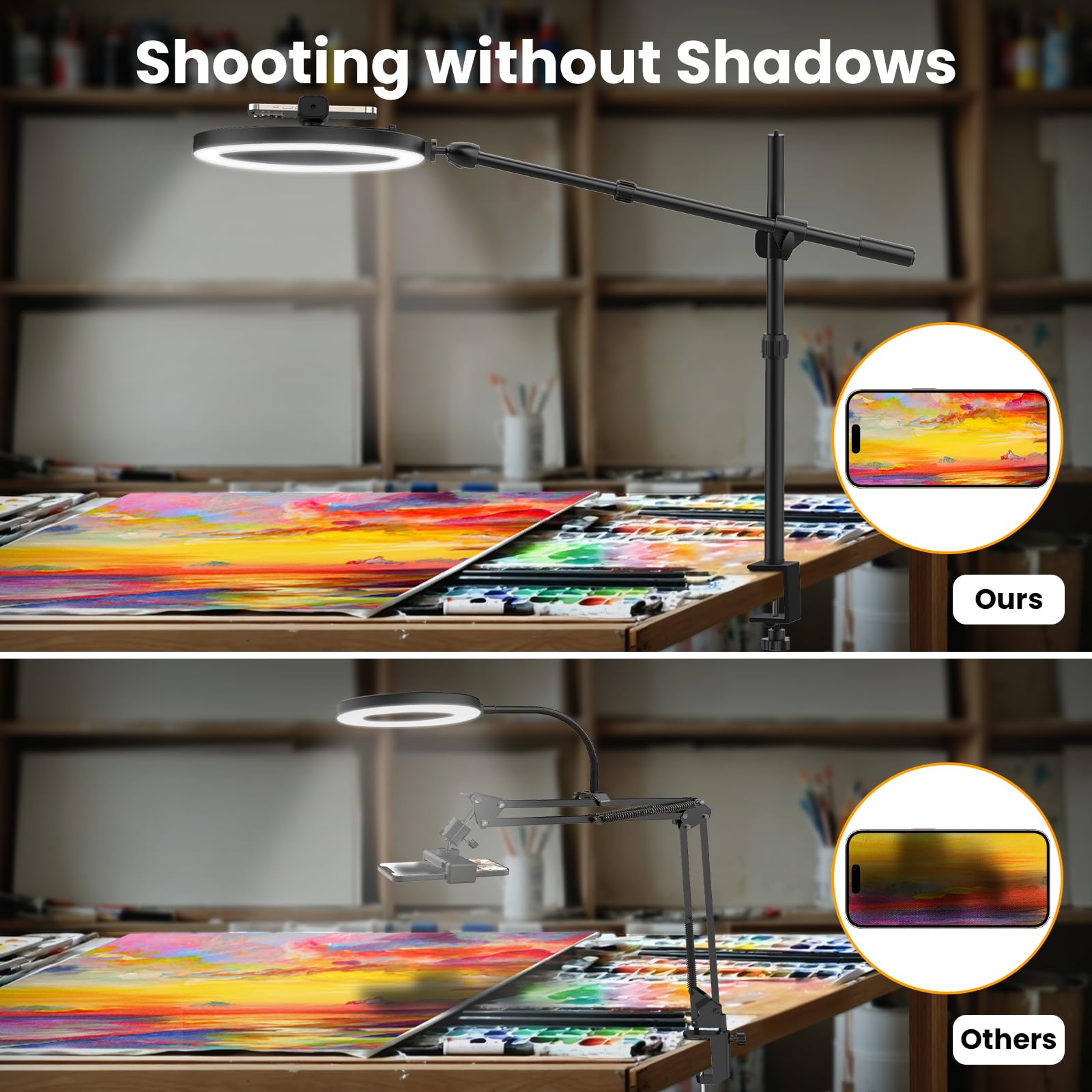 Luxsure Ring Light For Desk, 10'' Led Ring Light With Stand And Phone Holder, Overhead Camera/Phone Mount, Stable Phone Tripod W