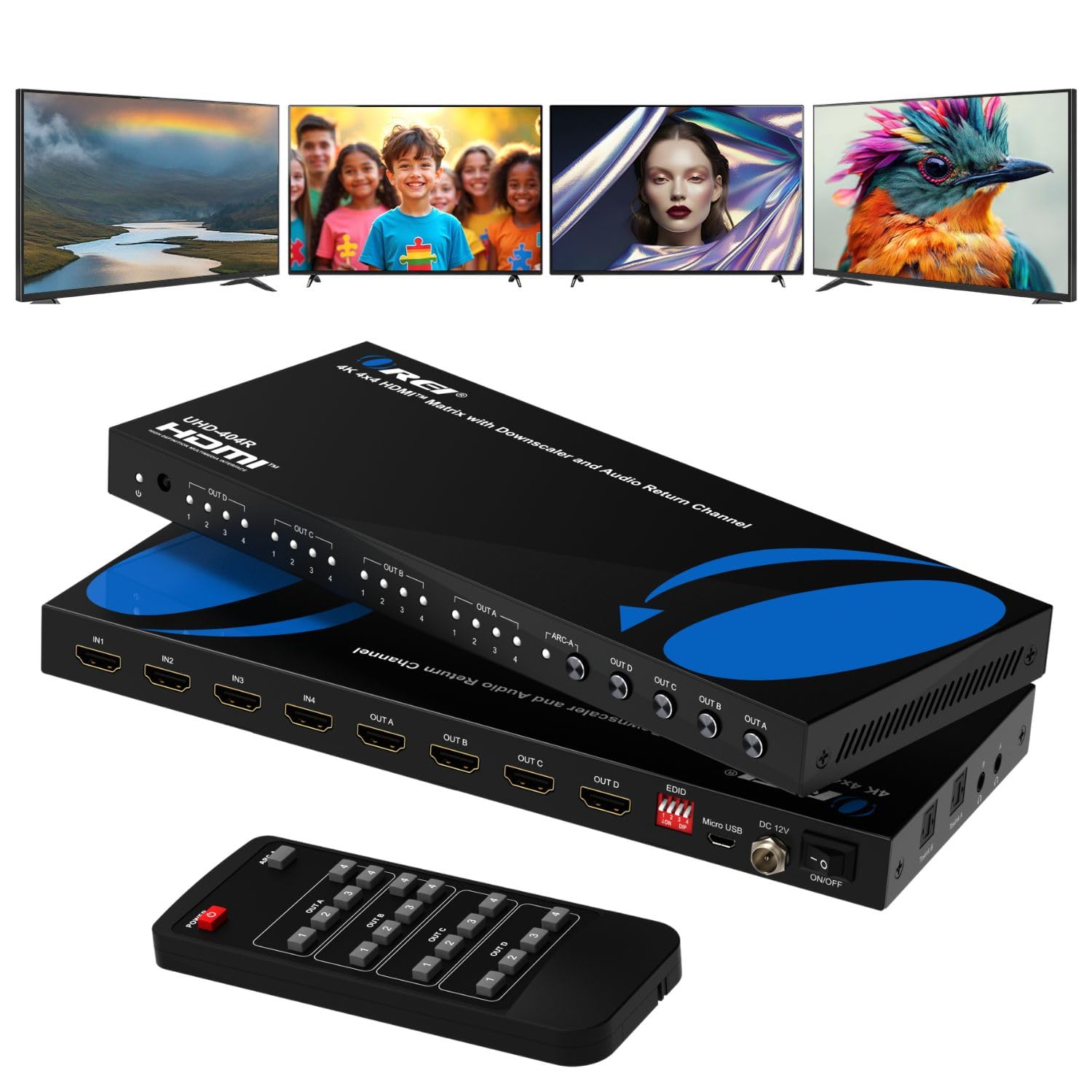 OREI 4x4 4K HDMI Matrix Switcher Splitter with Remote Control Auto Downscale 4K to 1080p, HDR10 Support, and RS-232 Control with