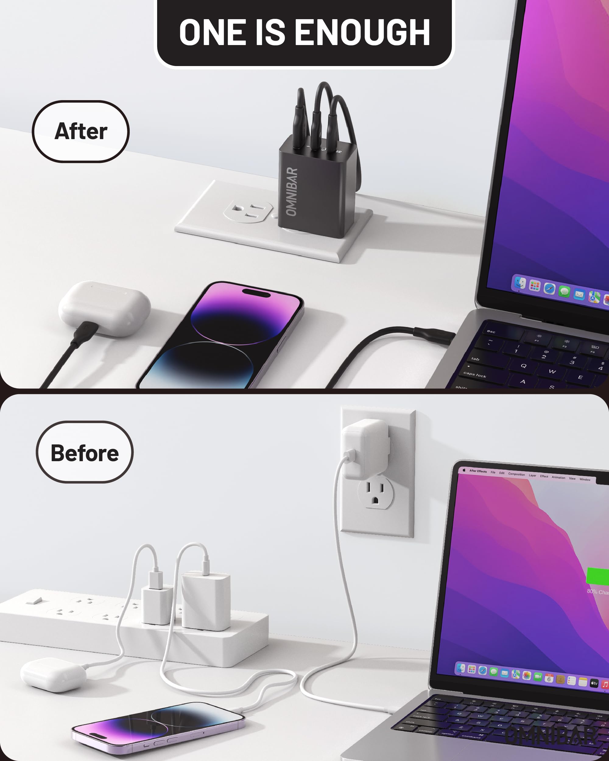 Omnibar 65W Usb C Charger, 3-Port Gan Foldable Fast Wall Charger Block,Pd3.0 Pps Usb-C Power Adapter For Macbook Pro/Air, Dell X