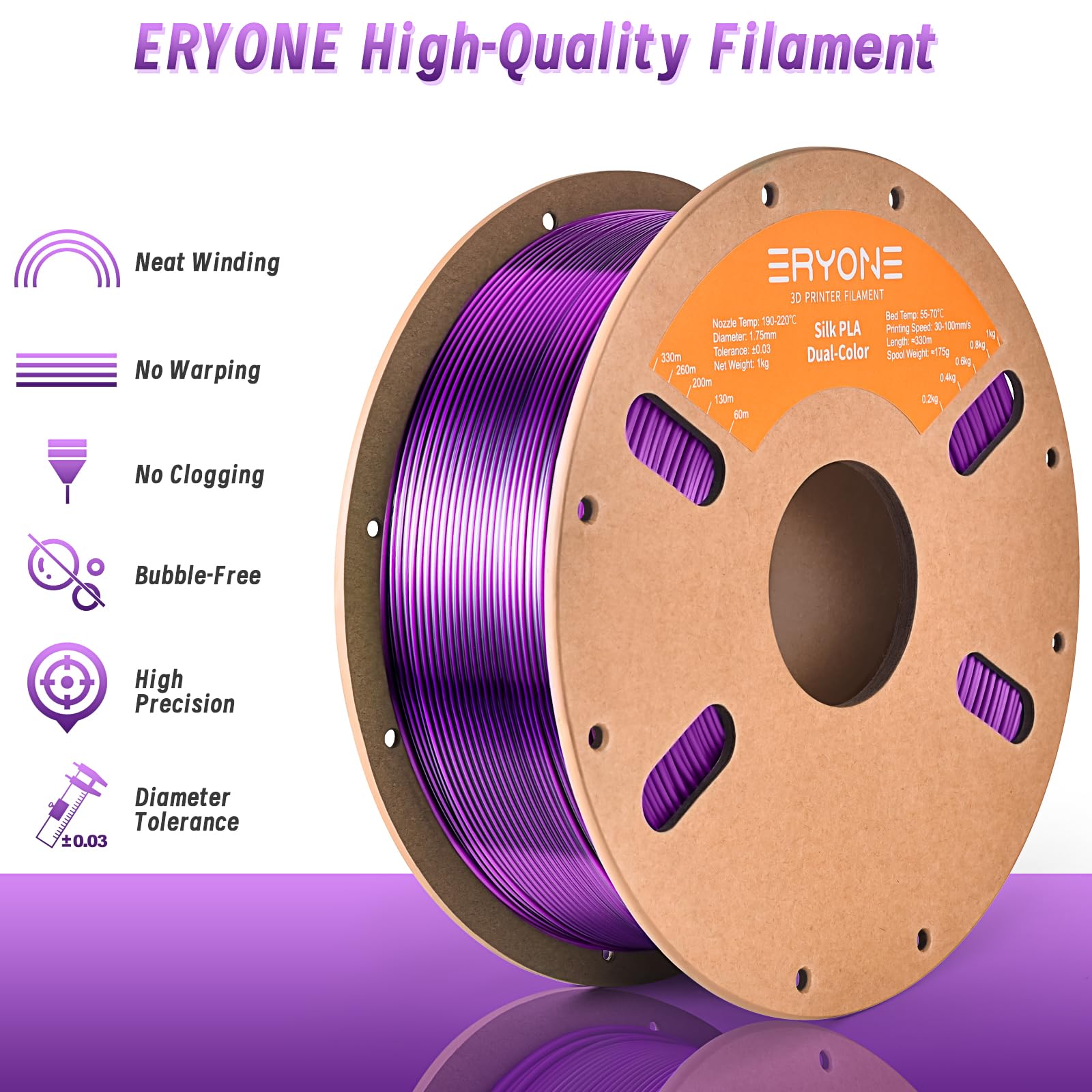 Eryone Silk Dual Color Pla Filament 3D Printer 1.75Mm +/  0.03Mm, Bicolor Filament Two Tone Pla Bundle 2Kg Cardboard Spool, Blac