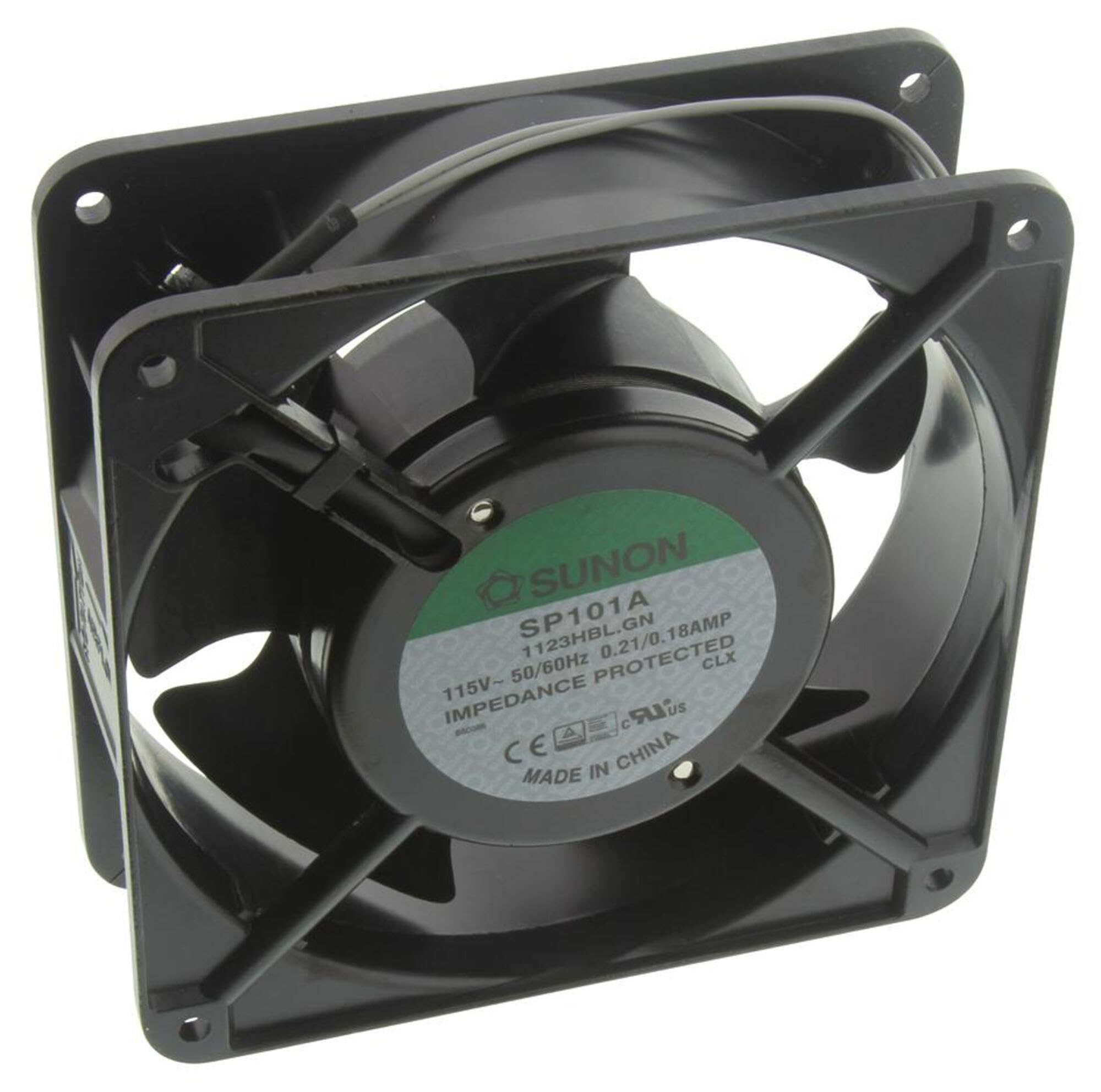 SUNON SP101A-1123HBL-GN AC Fan Ball Flange Mount, 115V, 0.21A-0.18A, 20W-18W, 50 Hz-60 Hz, 2750 rpm-3050 RPM, 120 mm L x 120 mm