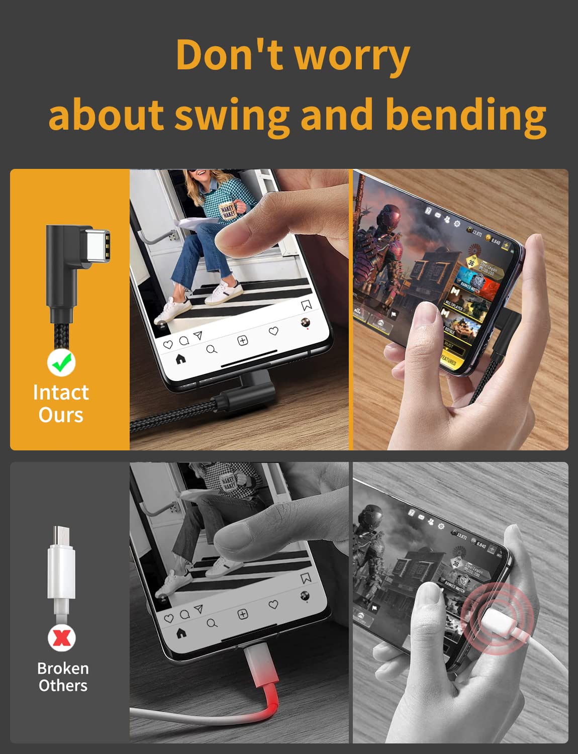 1Ft 90 Degree Usb C Cable Short, 3Pack Right Angle Usb Type C Charger Cable Fast Charging, 3A Usb A To Usb C Nylon Braided Cord