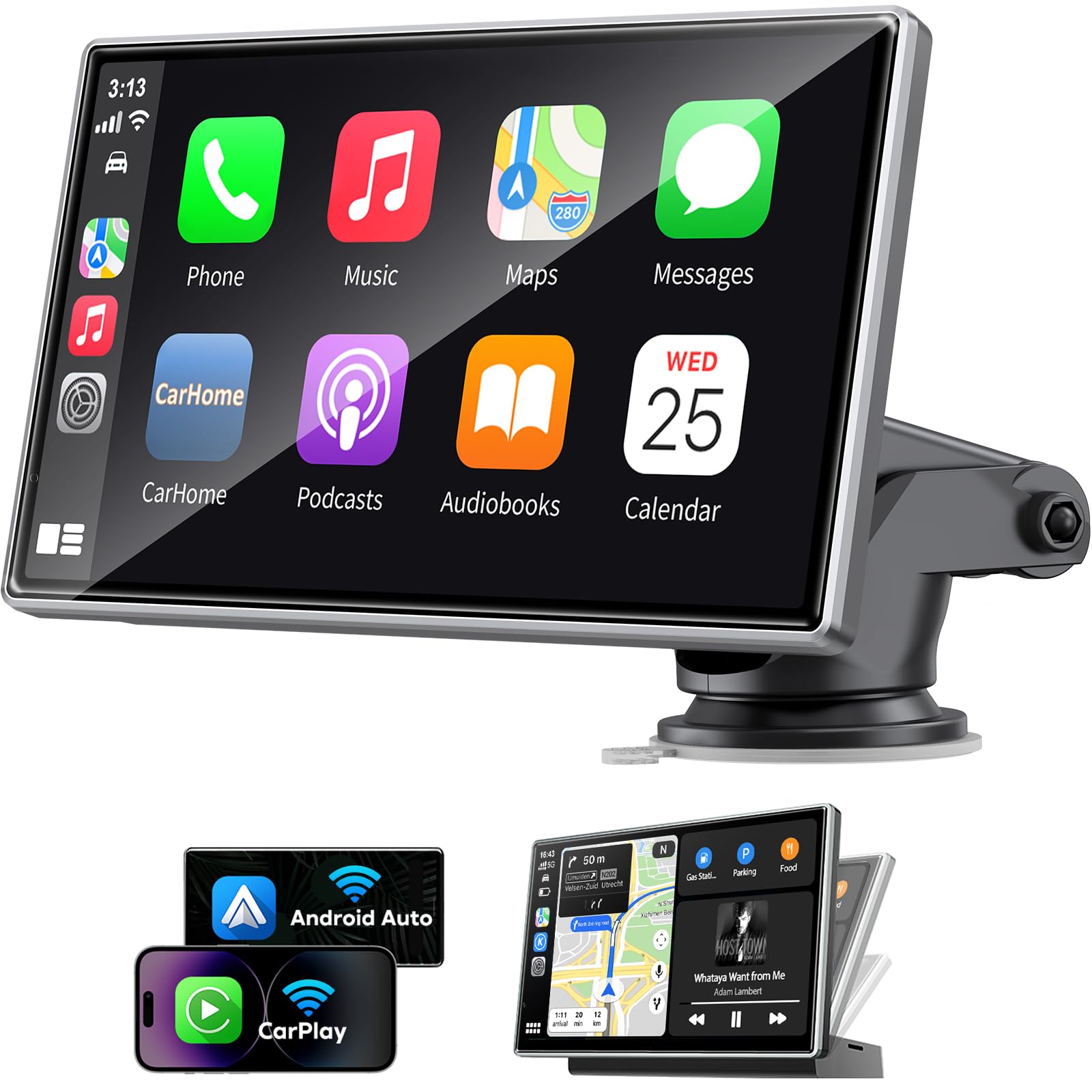 Eoyaa Upgrade Wireless Carplay Screen, Android Auto, Portable 7'' Hd Ips Screen For Car, Gps Navigation, Bluetooth Handsfree, Ai