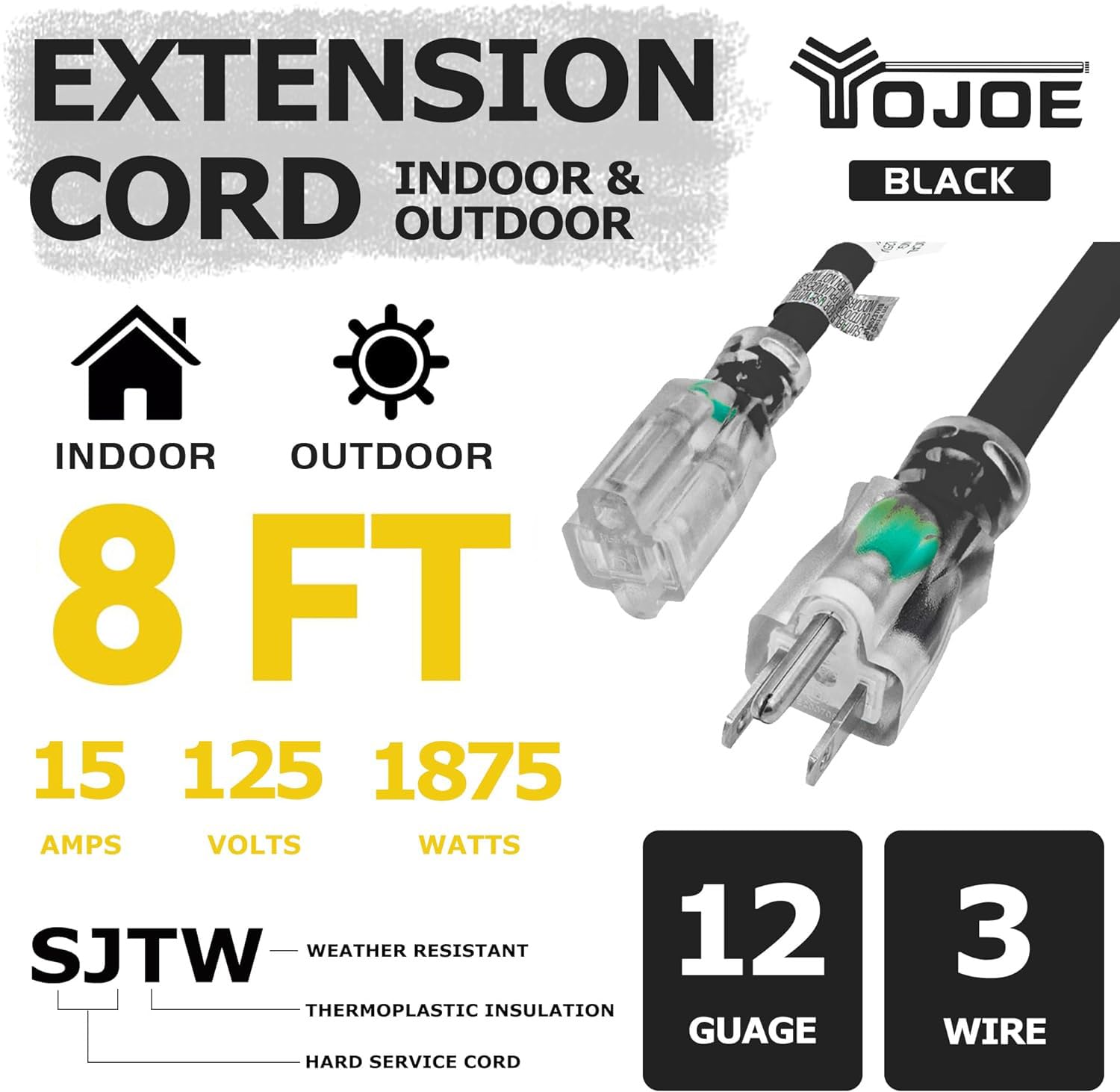 Yojoe Indoor Outdoor Extension Cord With Lighted End, 3 Prong 15A Weatherproof Power Extension Cord, 12 Gauge Heavy Duty 8 Ft Bl