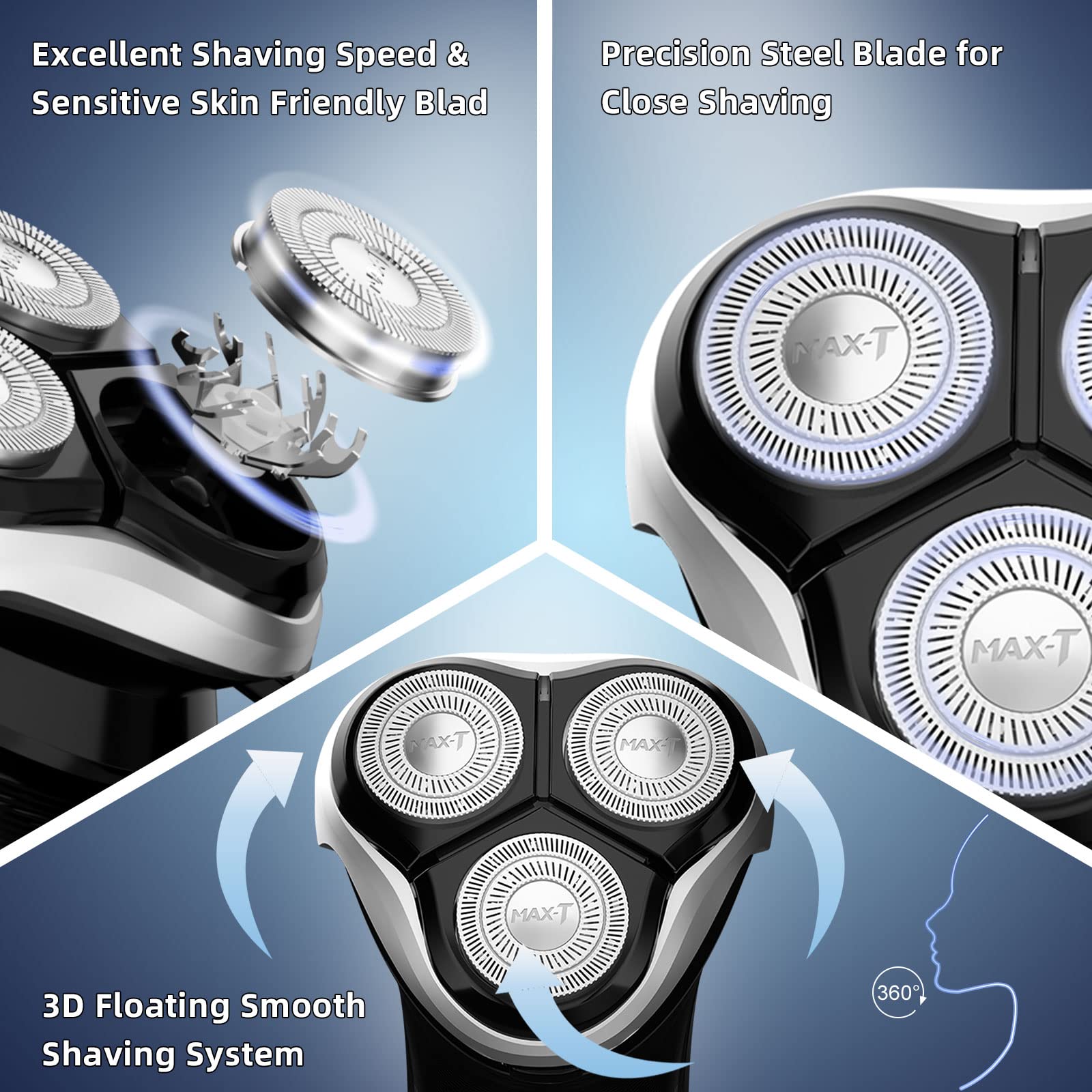 Electric Shaver Razor For Men, Max T Quick Rechargeable Wet Dry Rotary Shaver With Pop Up Trimmer And Led Display, Ipx7 100% Wat