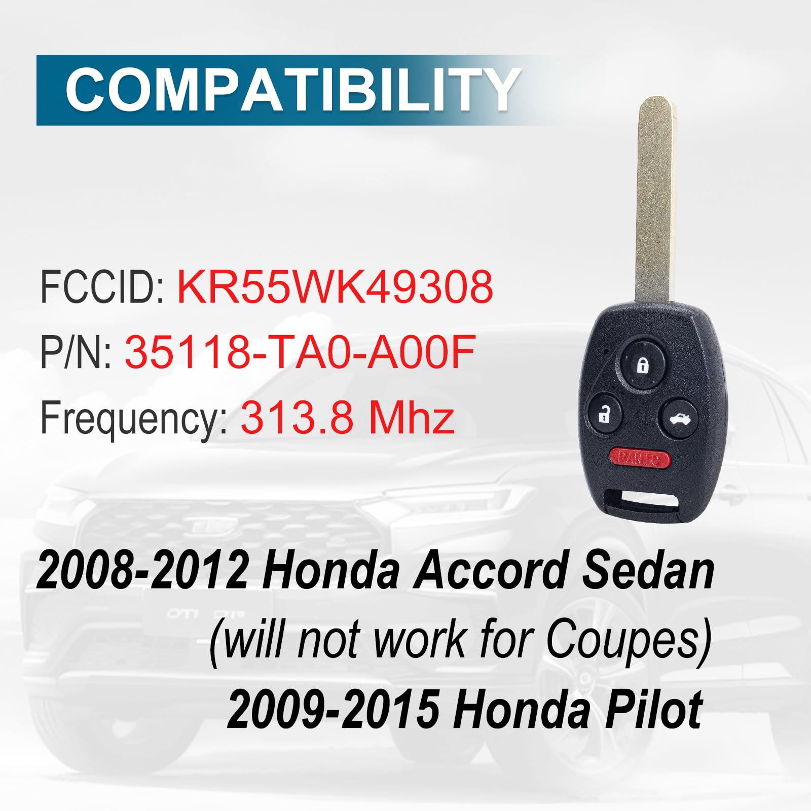 Keyless Entry Key Fob Replacement Fits For Honda Pilot 2009-2015, Honda Accord Sedan 2008-2012, Car Remote Control Key Fobs (Kr5