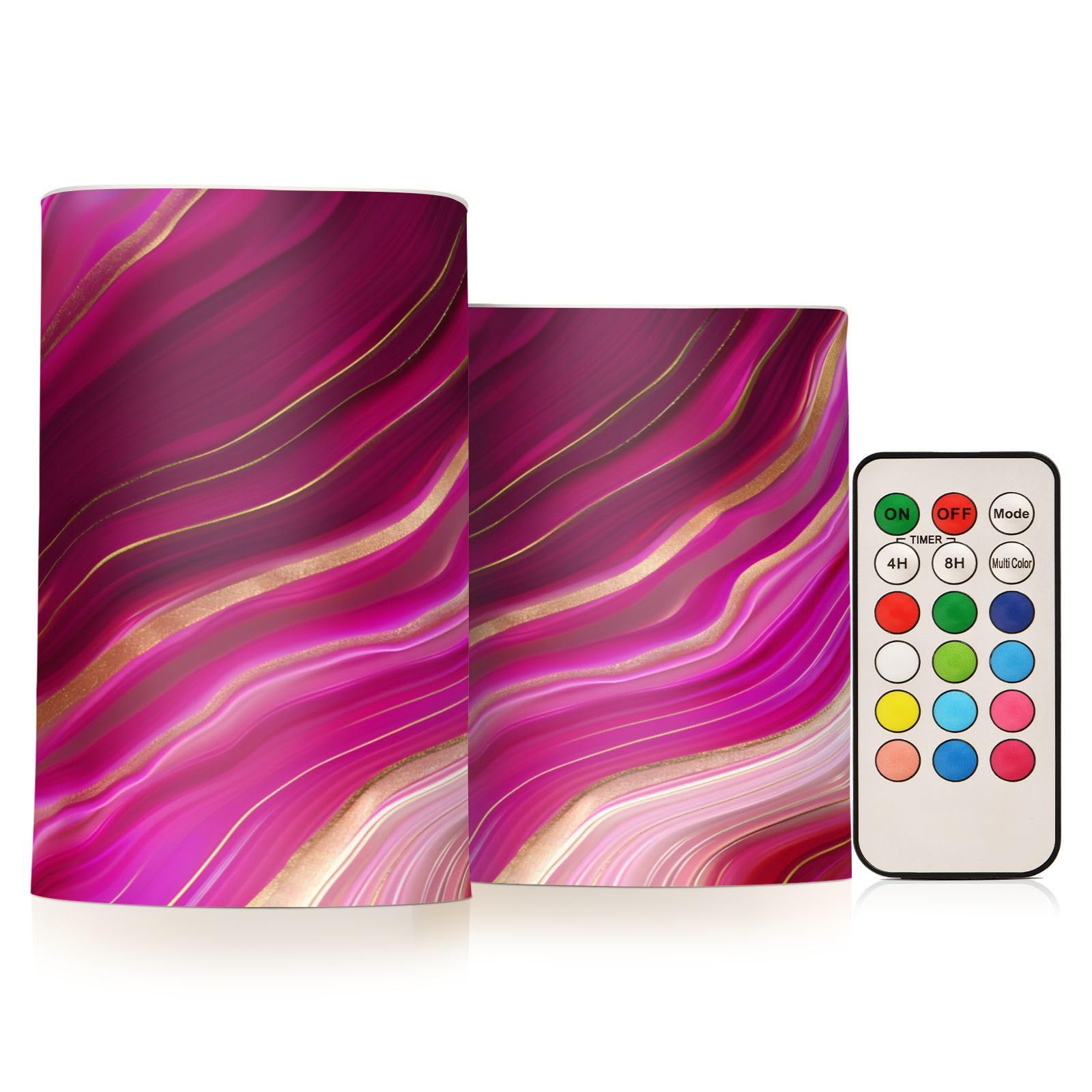 BOENLE Flickering Flameless Candles, Fuchsia Gold Fluid Marble LED Candles with Remote Timer, Set of 2 Battery Operated Candle f