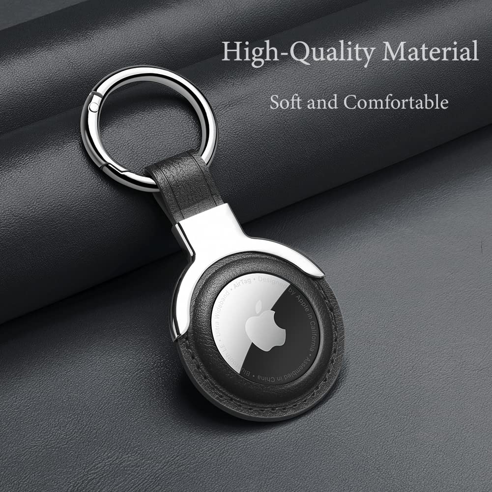 Sichy Black Leather Protective Case for AirTags, Keyring Loop Holder for Luggage, Dog & Cat Collars