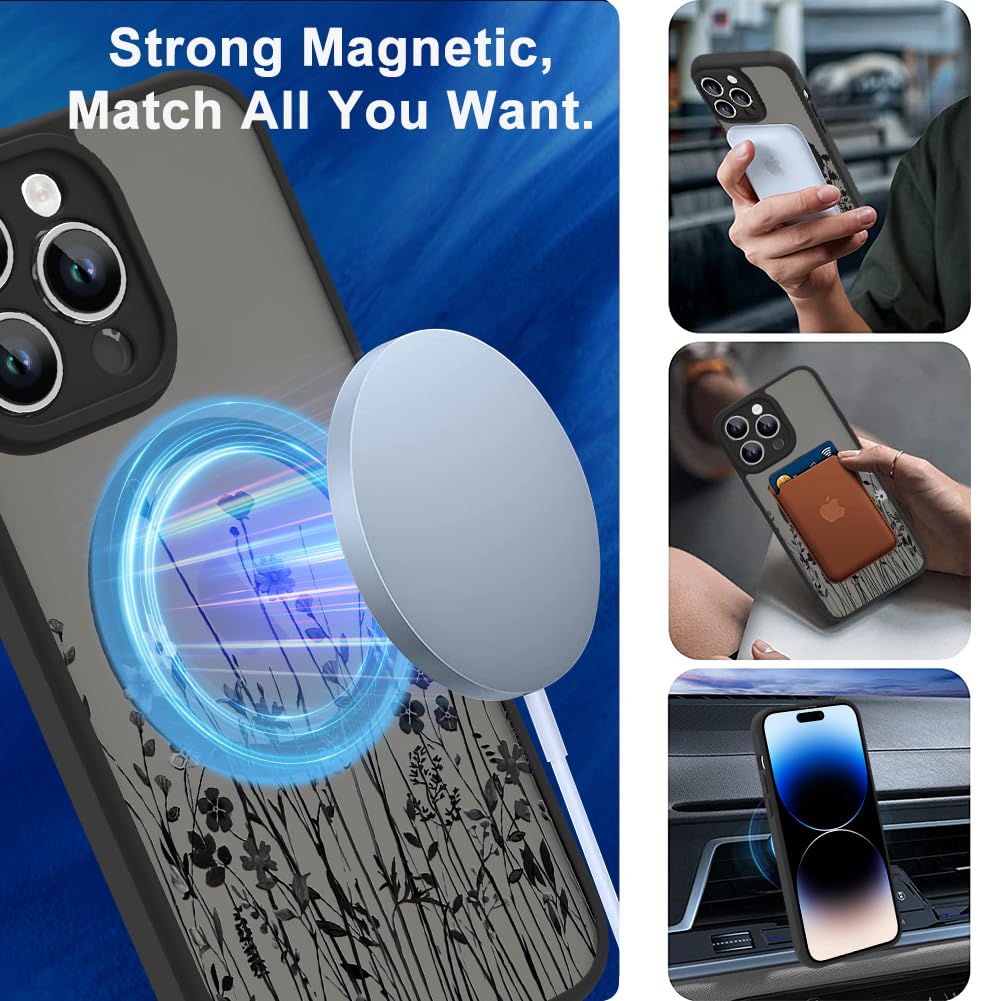 Ook Magnetic For Iphone 14 Pro Max Case [Compatible With Magsafe] Black Wild Flower Slim Translucent Matte Case Camera Lens Prot