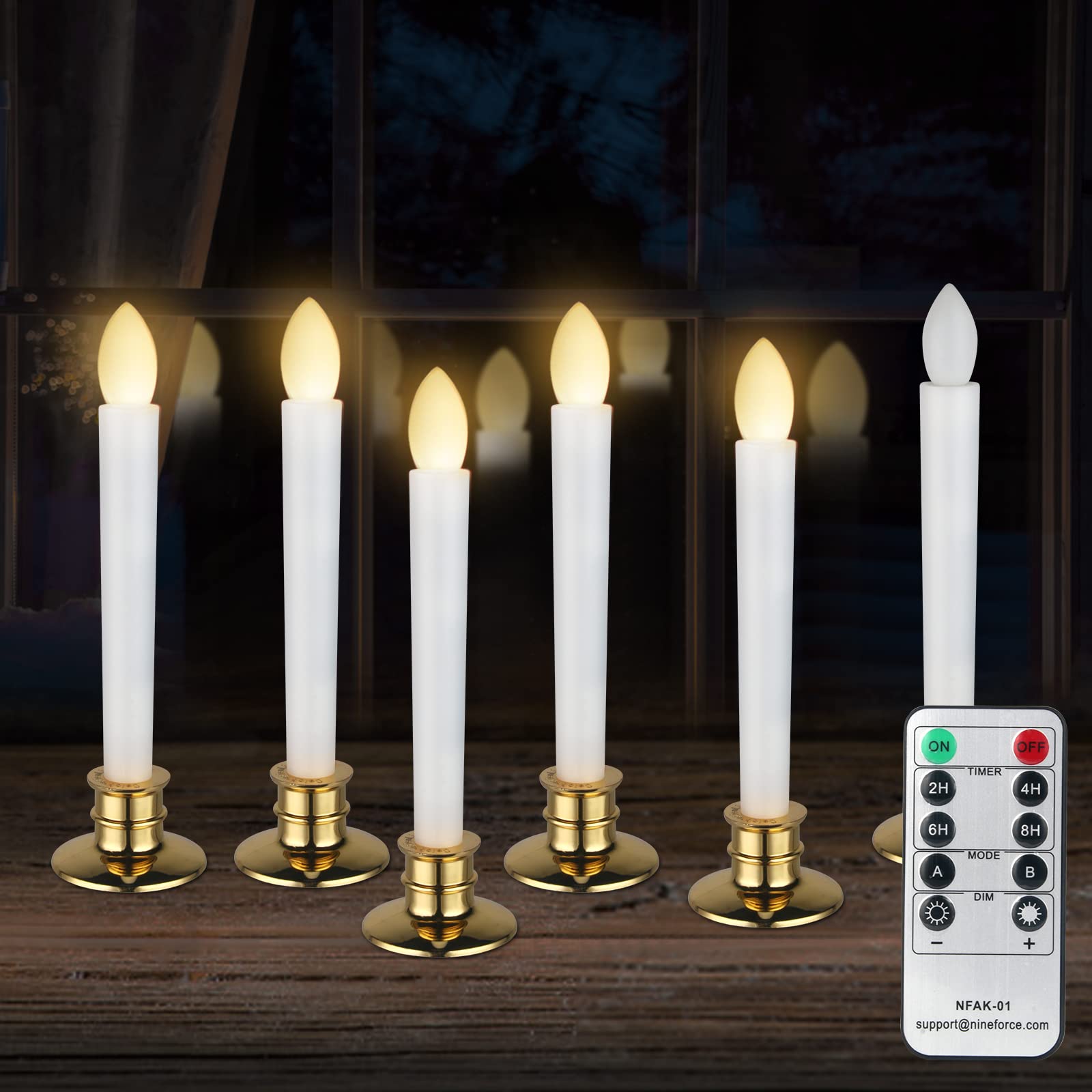6 Pack Flameless LED Taper Candles with Remote & Timer - Battery Operated Flickering Window Candlesticks with Gold Holders - Saf