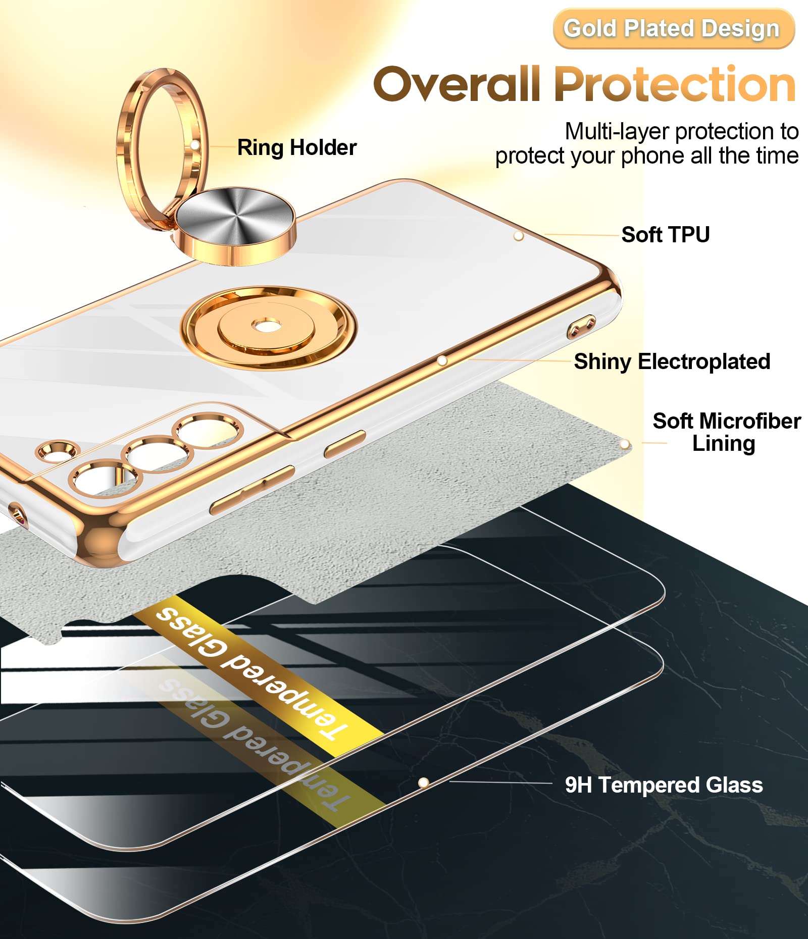 Leyi For Samsung Galaxy S21 Fe 5G Case With Tempered Glass Screen Protector [2 Pack] 360    Rotatable Ring Holder Magnetic Kicks