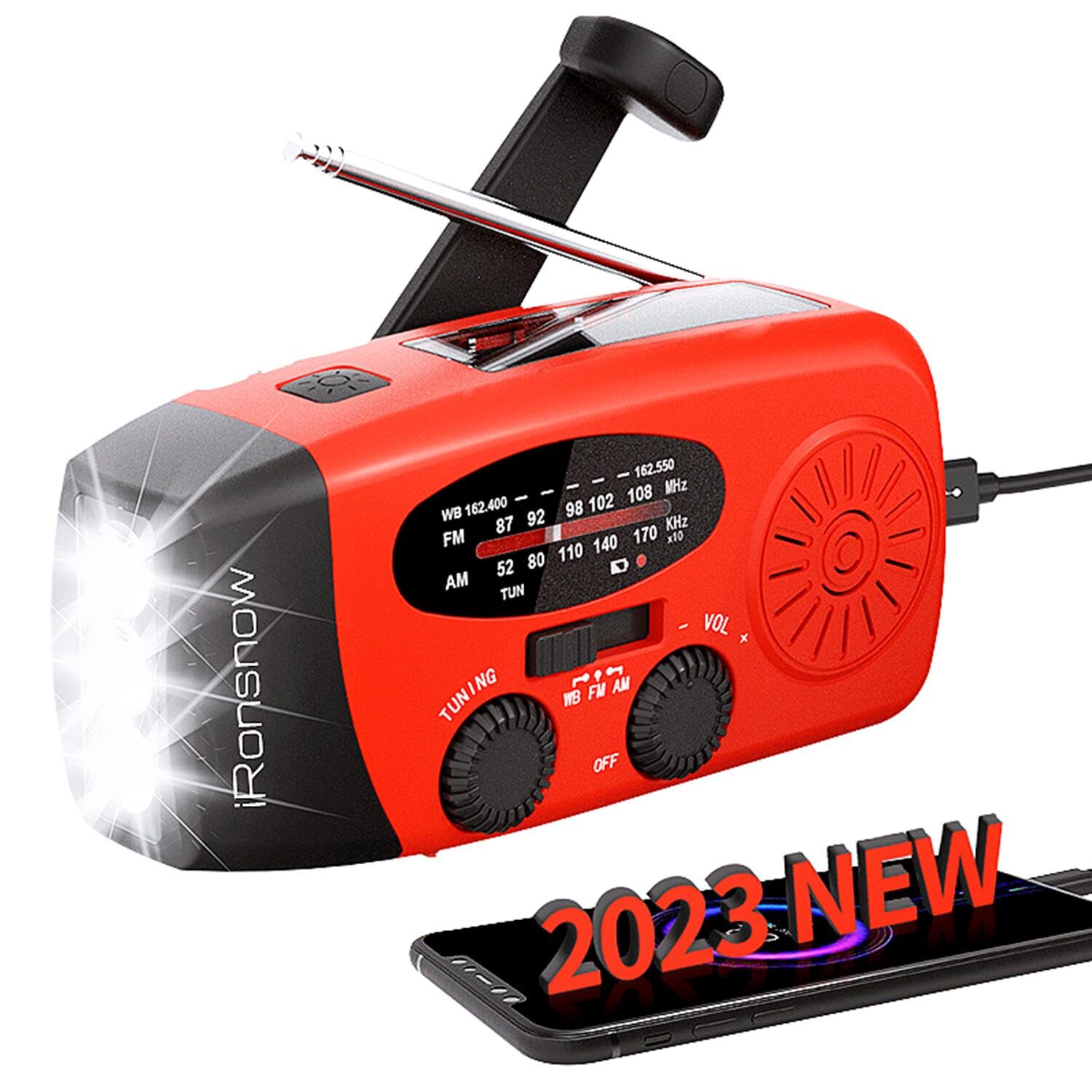 Ironsnow Solar Emergency Hand Crank Weather Radio, Portable Self Powered Noaa Am/Fm Radios With Sos Alarm Led Flashlight 2000Mah