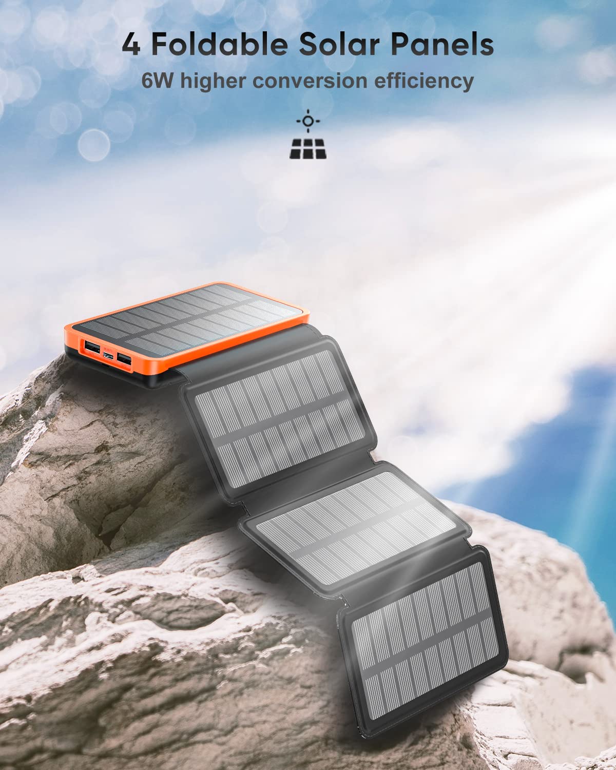 Hiluckey 25000mAh Solar Charger, Orange Portable Power Bank with 4 Solar Panels, 3A Fast Charge, 3 USB Outputs for Smartphones & Tablets