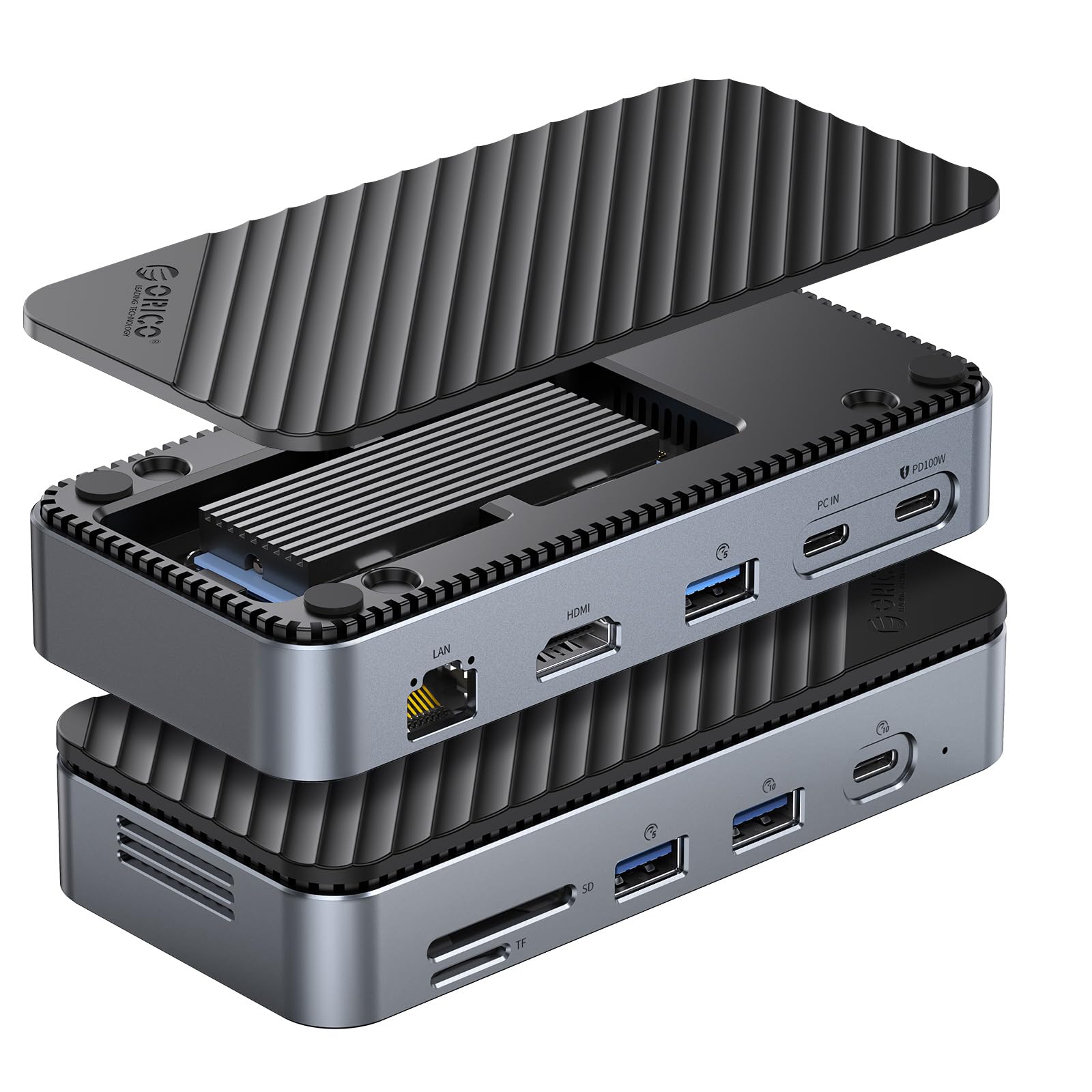 USB C Hub with M.2 SSD Enclosure, New Upgrade ORICO 10 in 1 USB C Docking Station with Built in fan, 10Gbps USB 3.2 Gen2 M.2 NVMe SSD Reader, Support 4K@60Hz HDMI, 100W PD, Ethernet, SD/TF   DPM2P9 V1