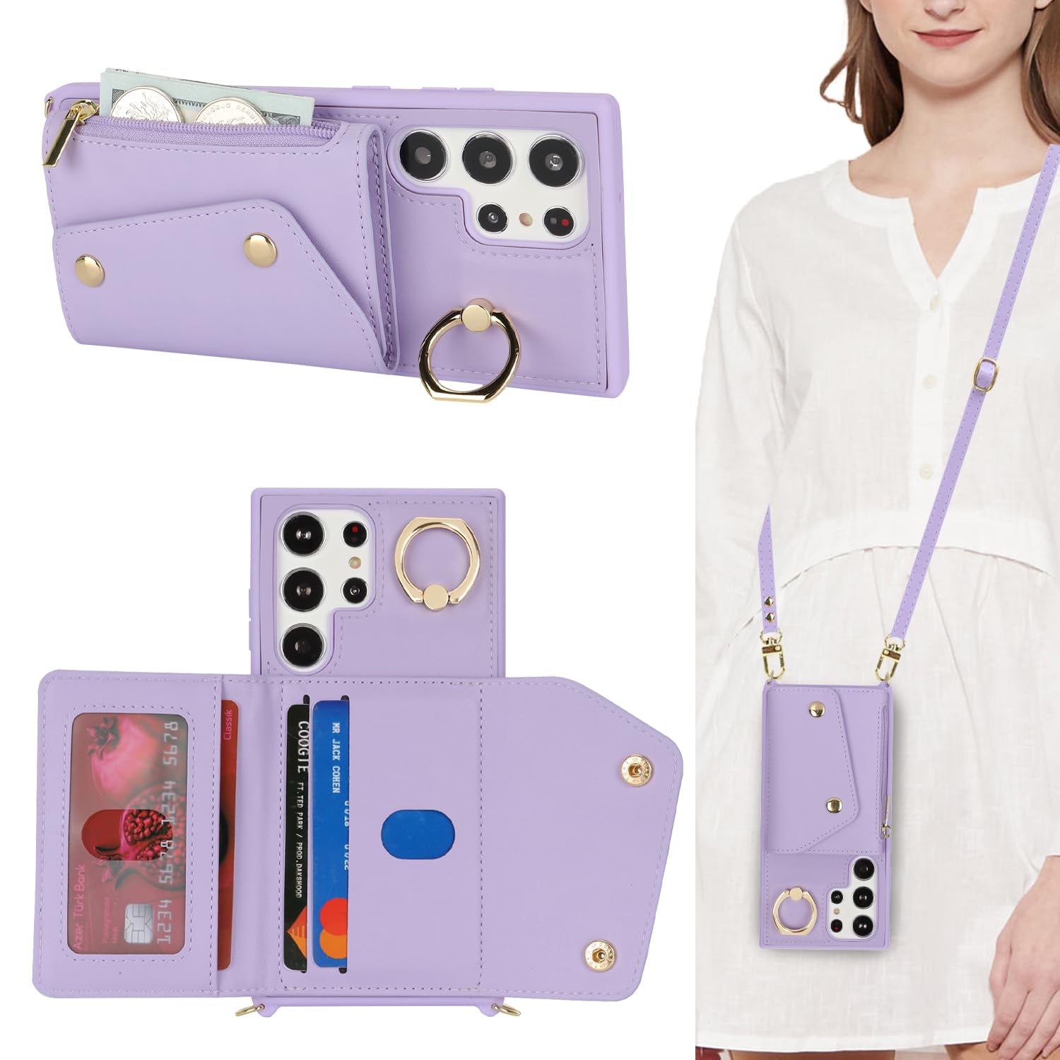 Lipvina for Samsung Galaxy S23 Ultra Case with Card Holder and Strap - Zipper Pocket,Crossbody Lanyard Strap,Credit Card Holder,