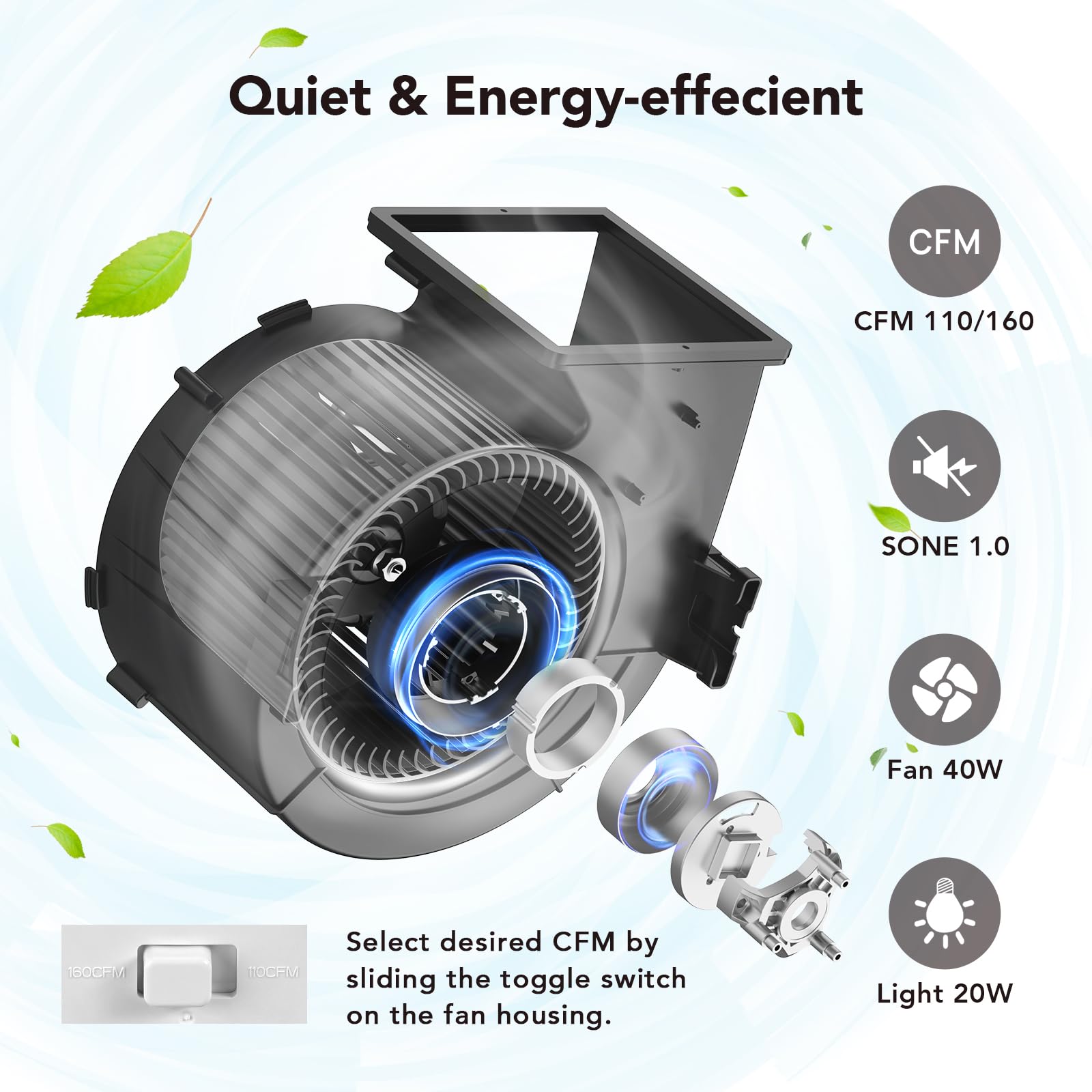 Orein Ol005 Bathroom Fan With Bluetooth Speaker, 110/160 Cfm 1.0 Sone Bathroom Exhaust Fan With Light, 40W Bathroom Fan With Lig