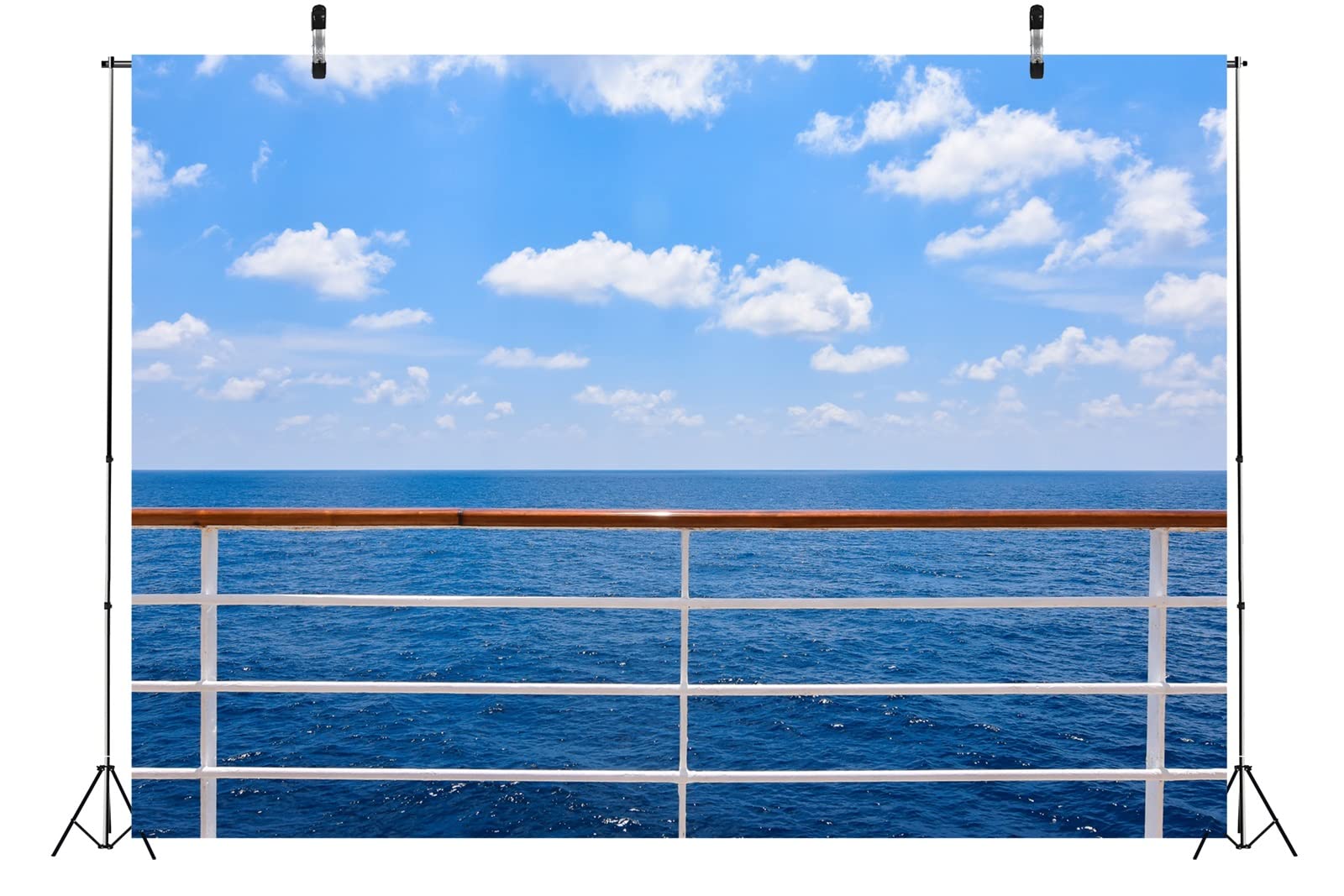 Corfoto 7X5Ft Ocean Cruise Ship Backdrop Fabric Blue Sky Travel Ship Deck Railings Fence Photo Backdrop Summer Sea Cruise Ship C