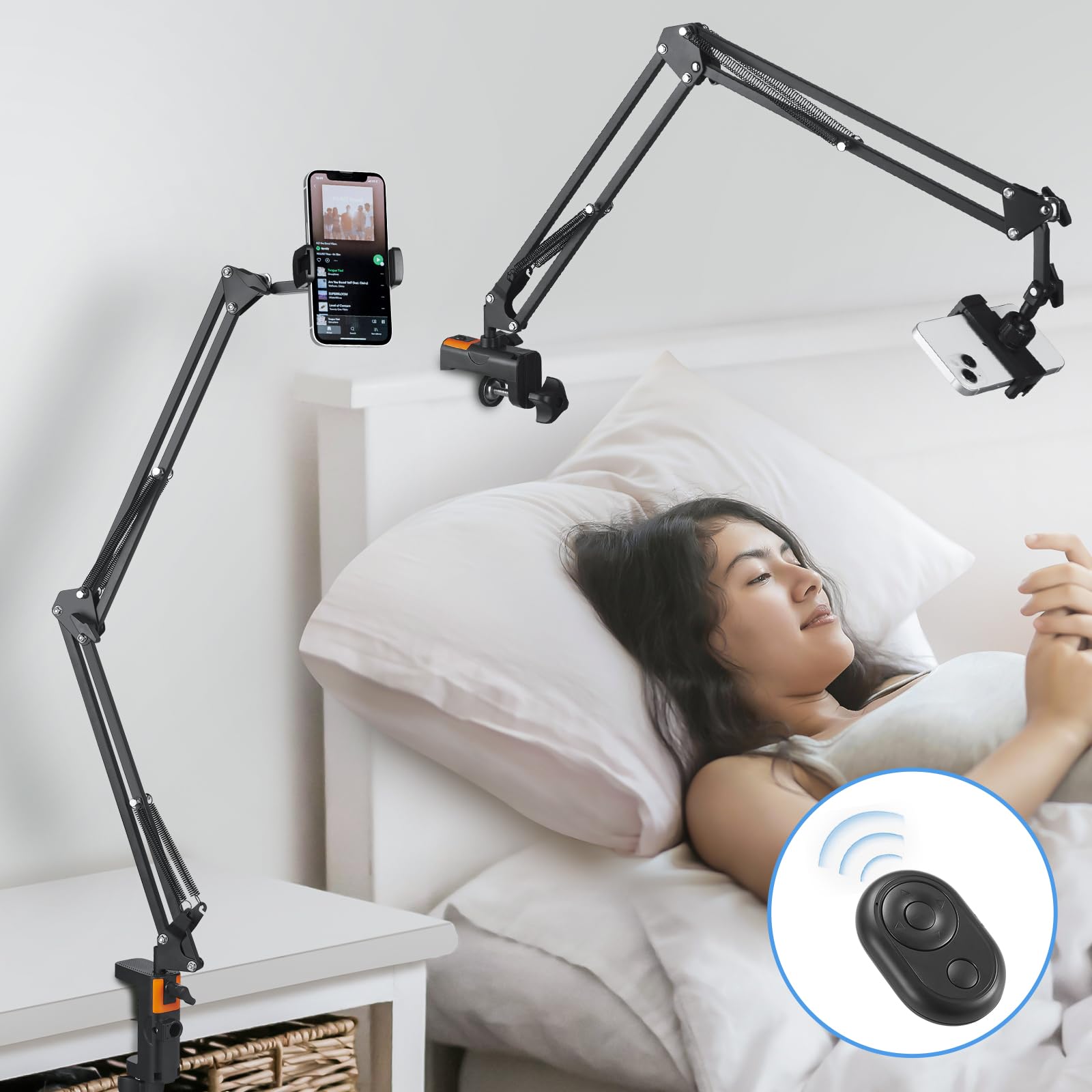 Phone Holder For Bed Desk, Overhead Phone Mount With Wireless Remote, Flexible Phone Stand Lazy Bracket Mount Long Arms Clamp Fo