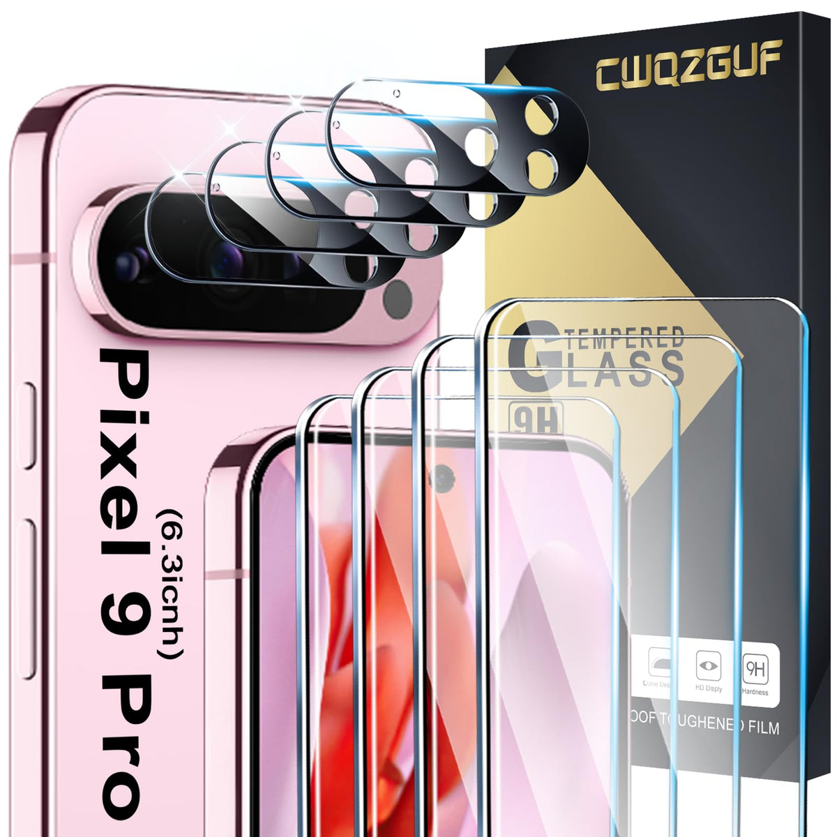 Pixel 9 Pro Screen Protector [4+4 Pack] Camera Lens Protector, Hd Tempered Glass, Touch Sensitive, Anti Scratch For Google Pixel