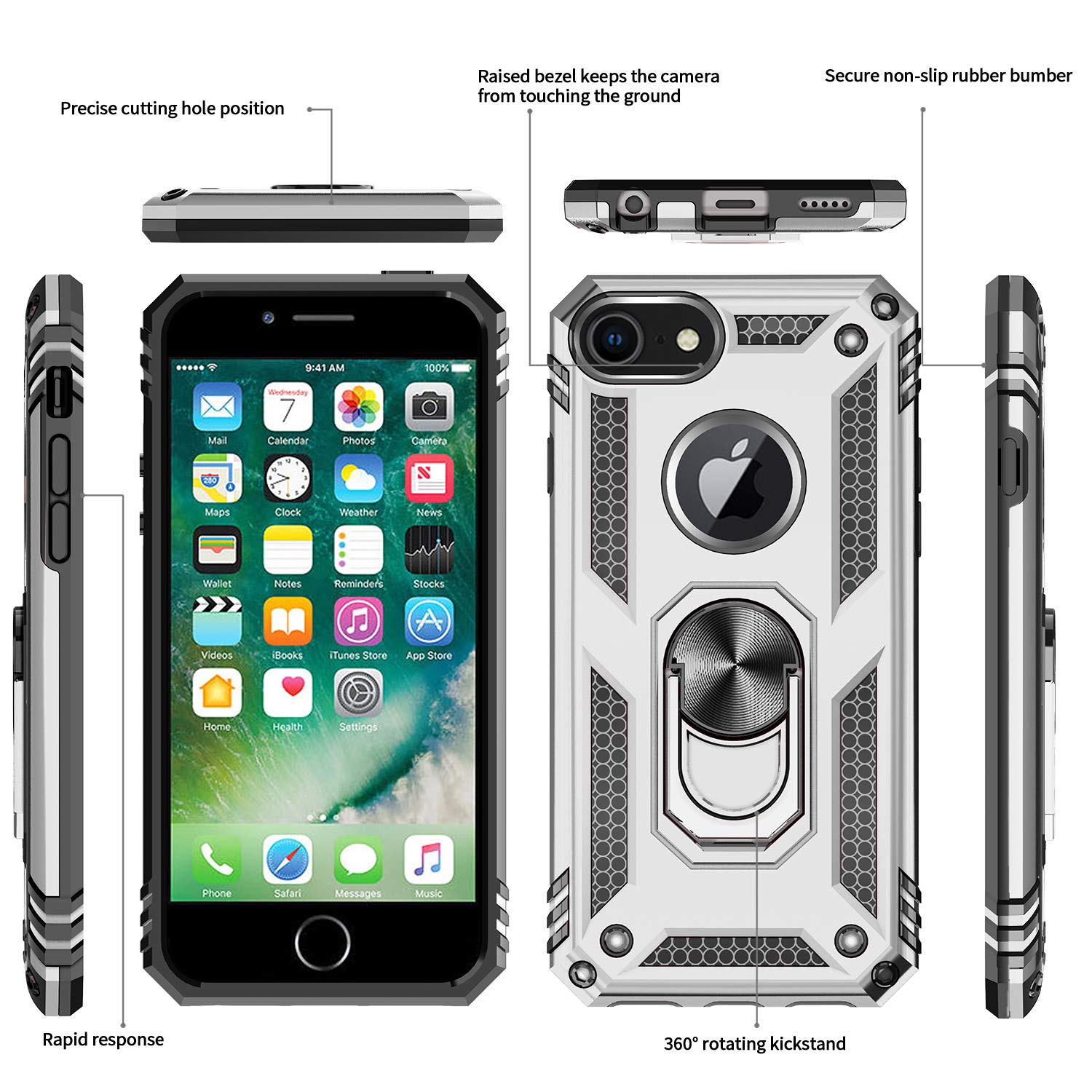 Leyi Iphone 8/7/6S/6 Case (2 Pack), Silver, Cellular Phone Case With Tempered Glass Screen Protector & Kickstand Ring