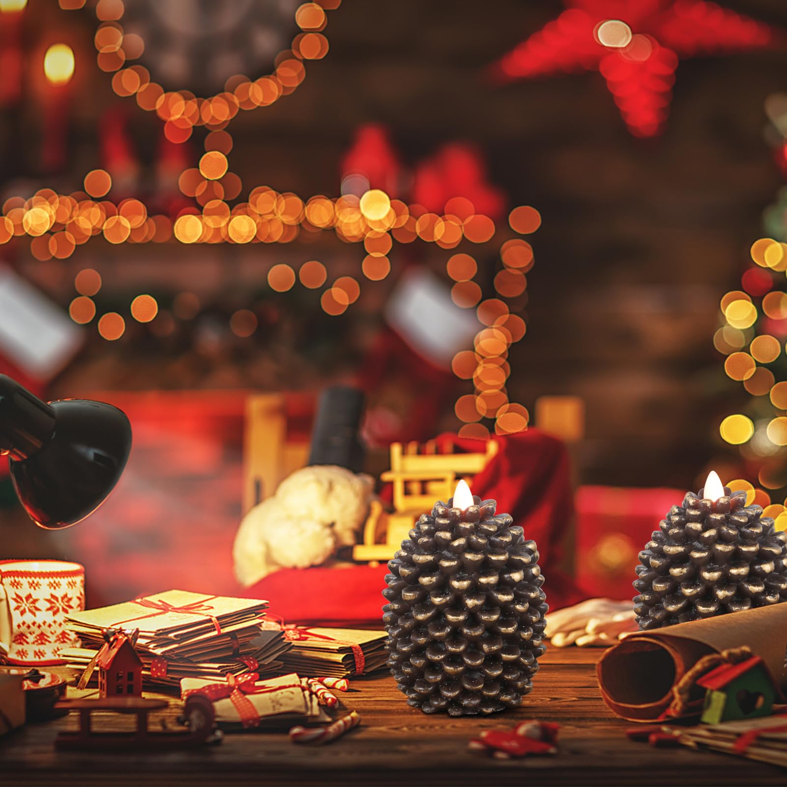 Lasumora Led Flameless Pinecone Candles With 6H Timer, Battery Operated Waxy Pillar Candles, 2 Pack Christmas Candles Flickering