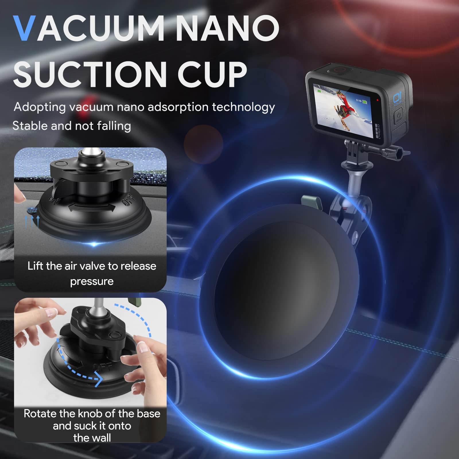 Reygeak Aluminum Alloy Car Suction Cup Camera Mount,With Phone Holder With 1/4 Thread,Windshield Vehicle Attach For Gopro Hero13