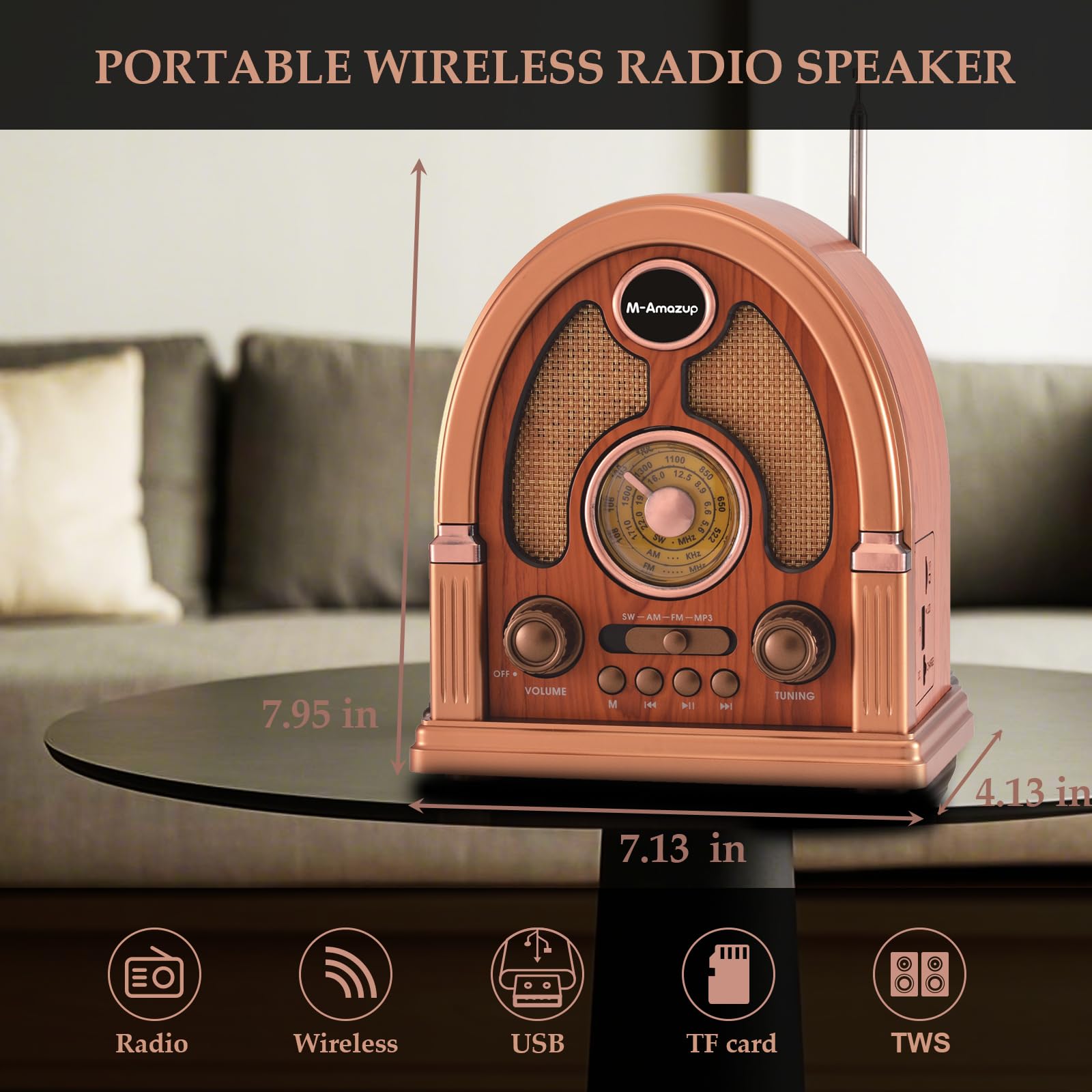 M-Amazup Radios Portable Am Fm, Vintage Portable Radio Support Tf,Usb,Tws,Bluetooth 5.3, Battery Or Usb Charging, Transistor Sho