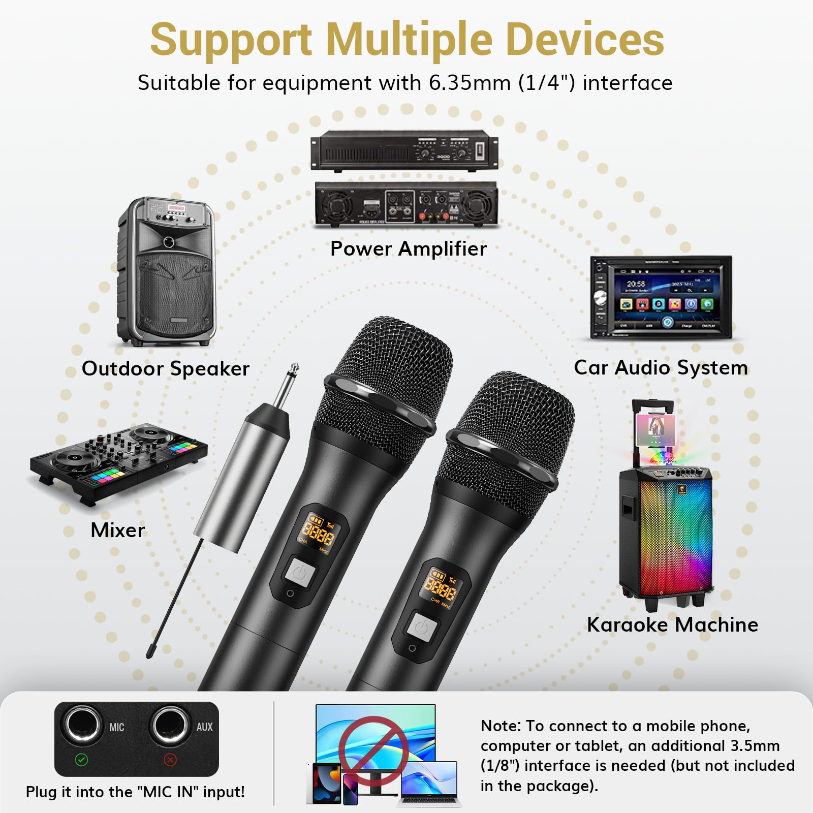 Tonor Wireless Microphone, Uhf Dual Cordless Metal Dynamic Mic System With Rechargeable Receiver, For Karaoke Singing, Wedding,
