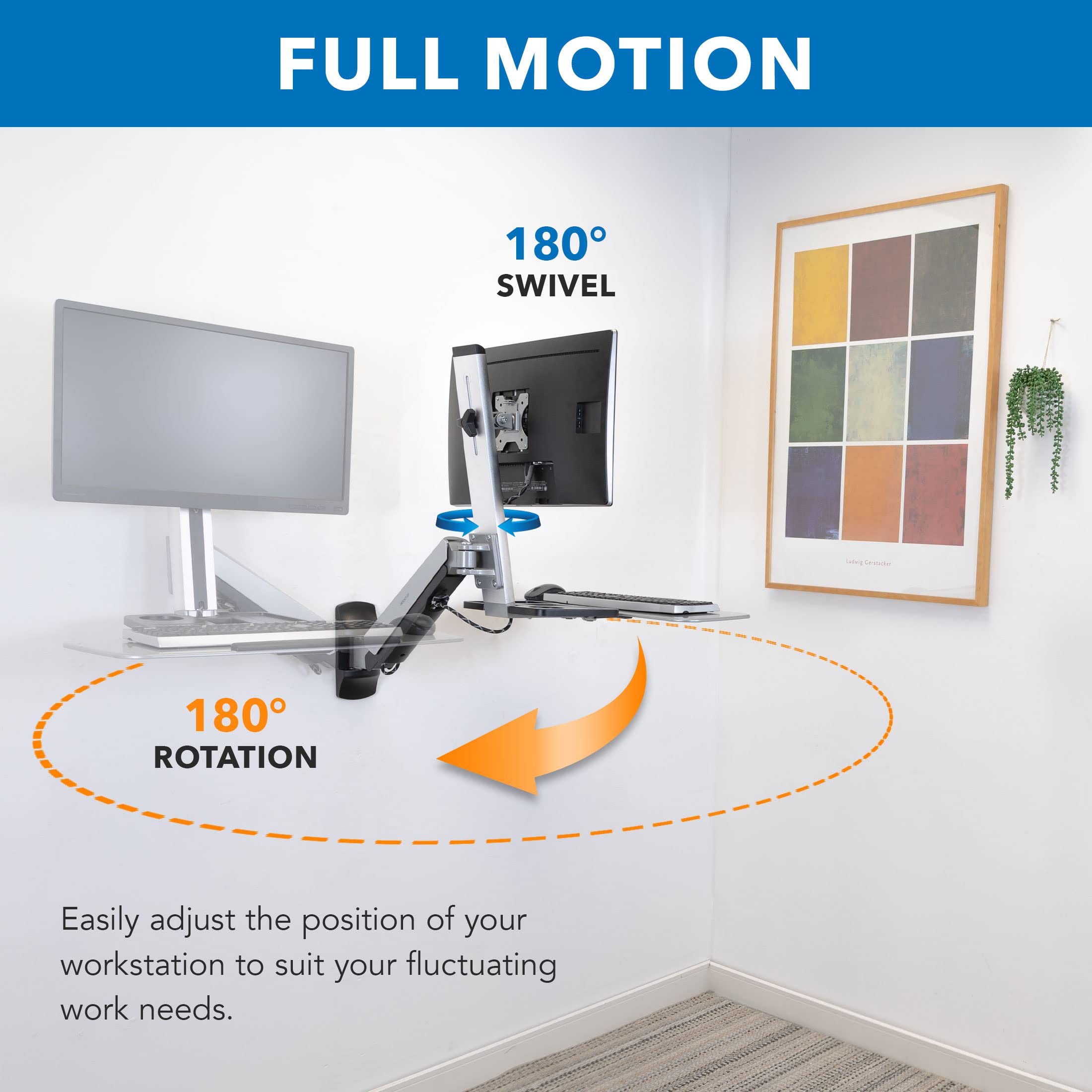 Mount-It! Adjustable Sit Stand Wall Mount Workstation, VESA 75x75/100x100, Silver, Model MI-7905, with Monitor Mount & Keyboard Tray
