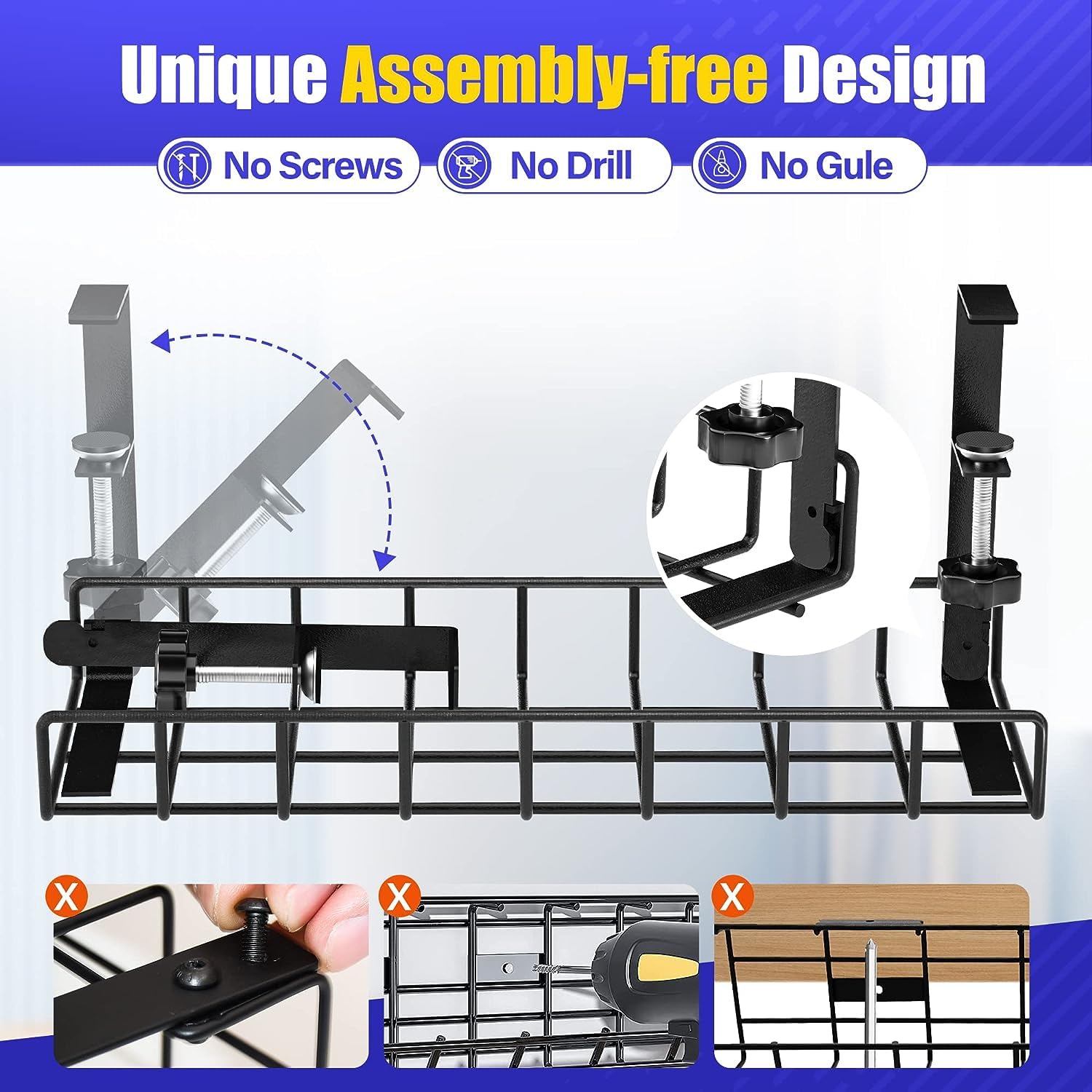Under Desk Cable Management Tray 2 Pack, Xpatee Wire Management No Drill No Screws, Cable Tray With Clamp For Desk Wire Manageme