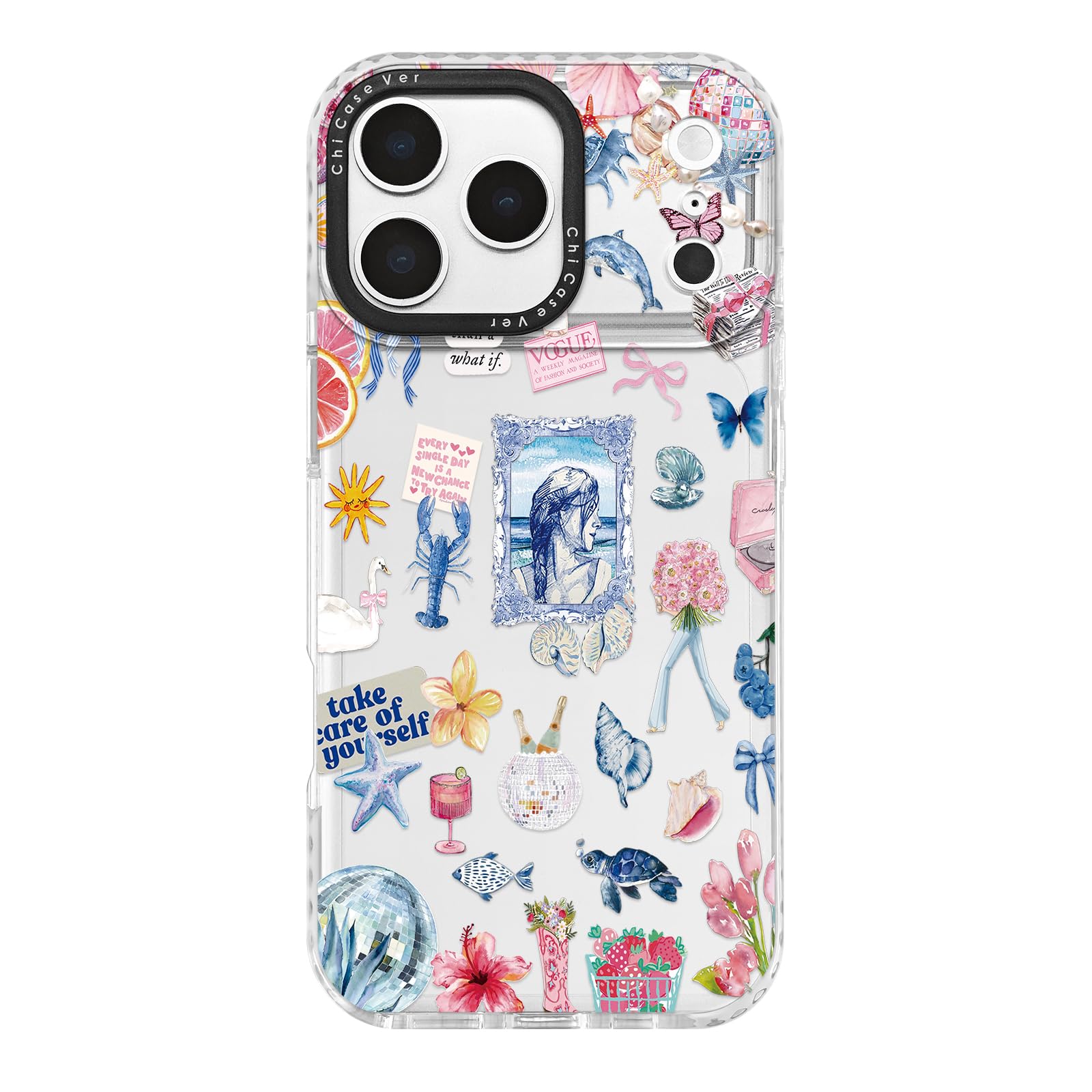 ChiCaseVer for iPhone 17 Pro Case, Ocean Self-Care Collage Pattern with Sea Creatures & Motivational Text, Aesthetic Inspiration