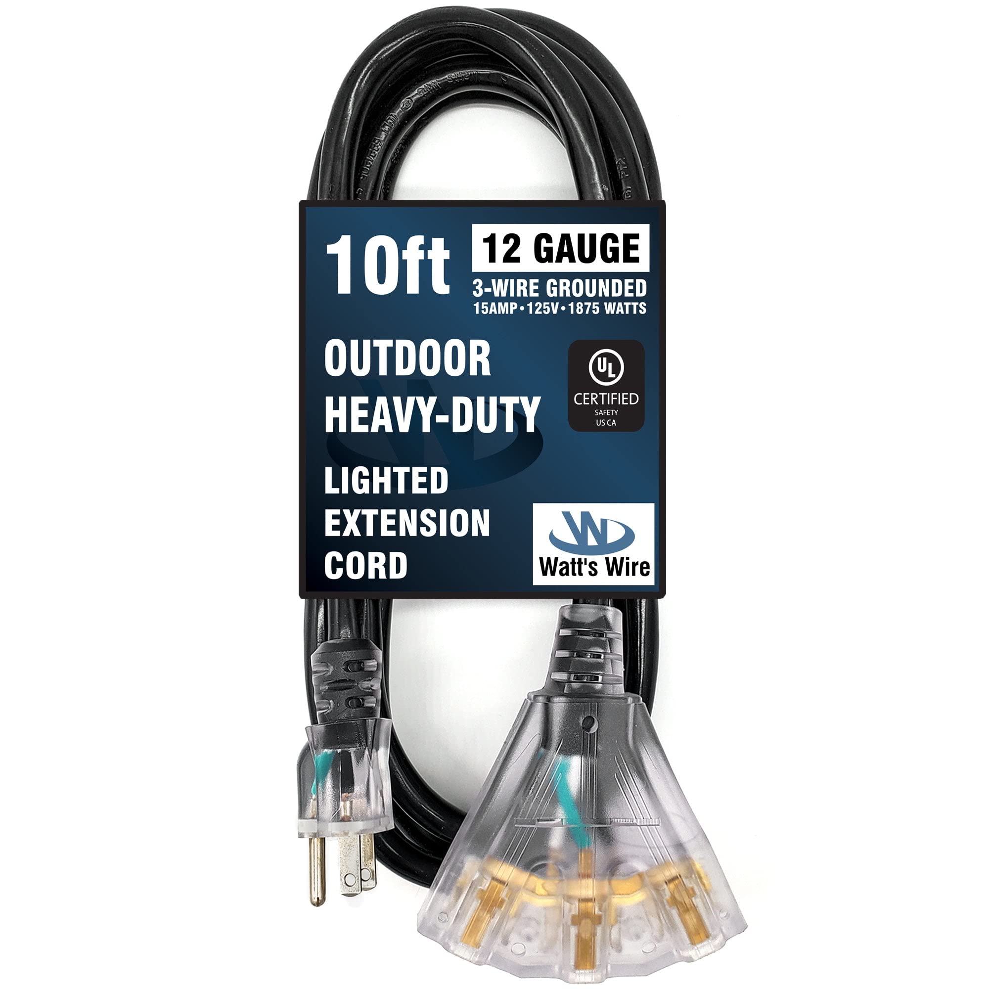 10 Ft   12 Gauge Heavy Duty Extension Cord   3 Outlet Lighted Sjtw   Indoor/Outdoor Extension Cord By Watt'S Wire   10' 12 Gauge