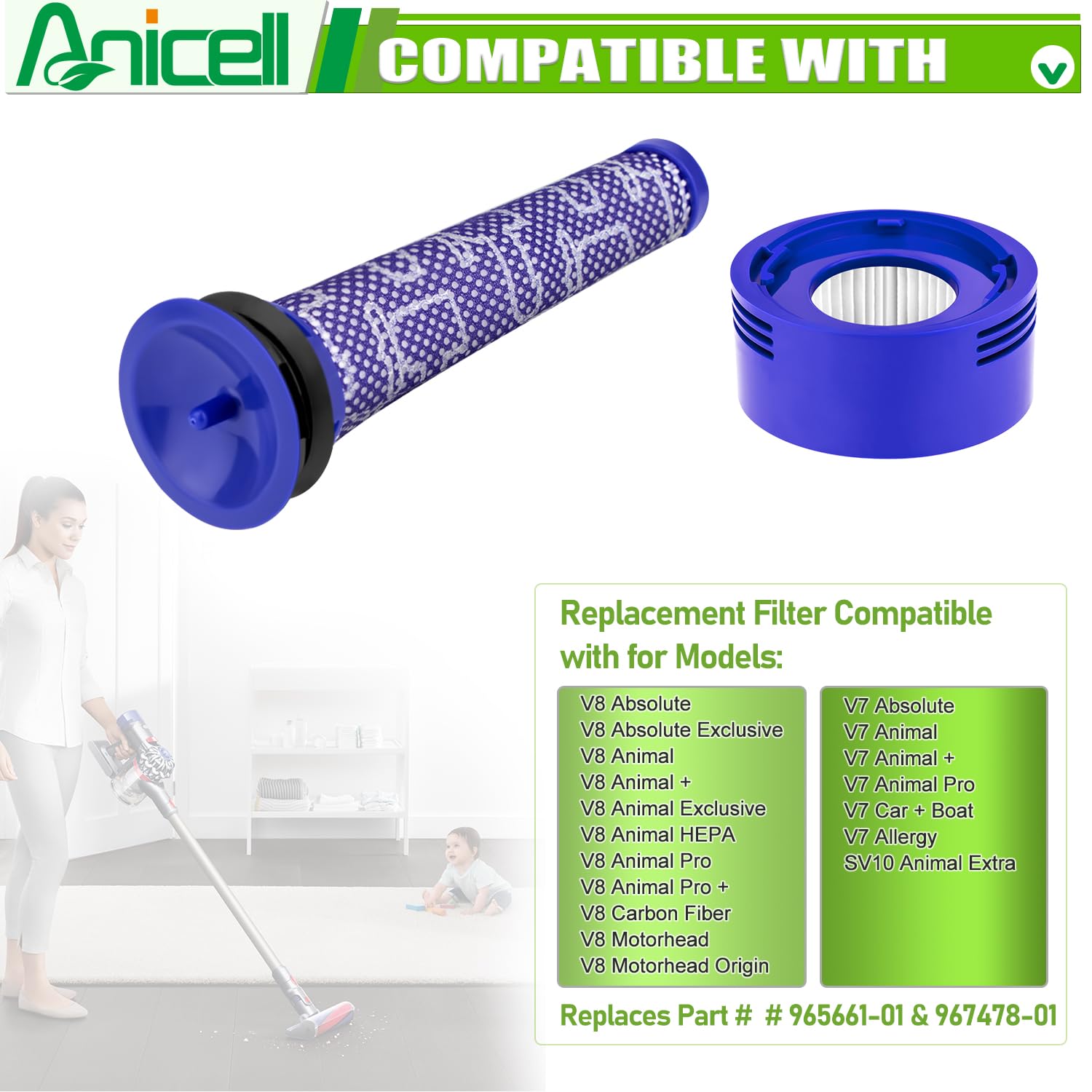 Anicell Replacement Filter Compatible With Dyson V8 V7 Sv10 Animal & Absolute Cordless Vacuum Replacements, Replace Part # 96566