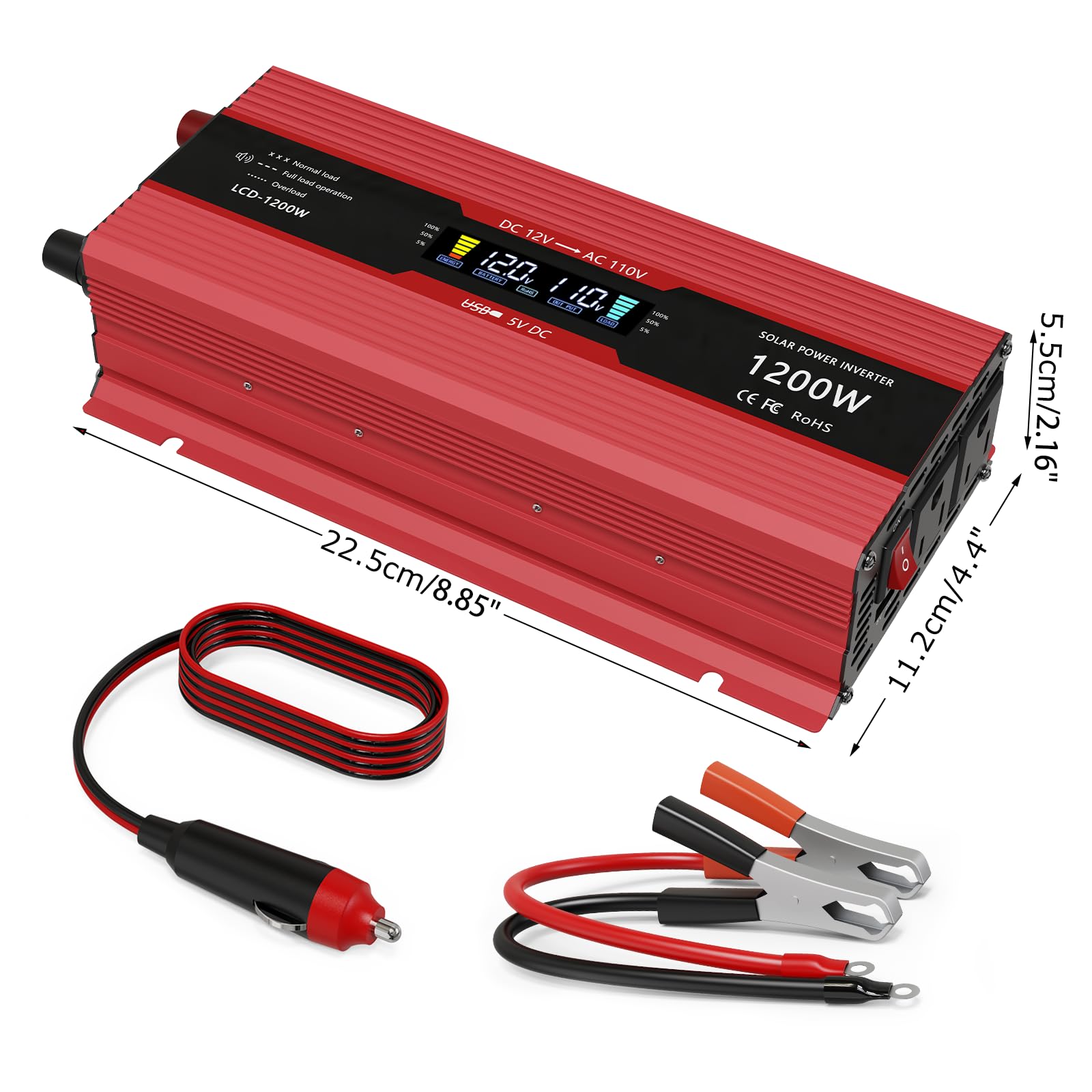1200W Car Power Inverter Dc 12V To 110V Ac Converter 1200W Inverter Power Inverters With Lcd Display And Ac Outlets 2A Usb Charg
