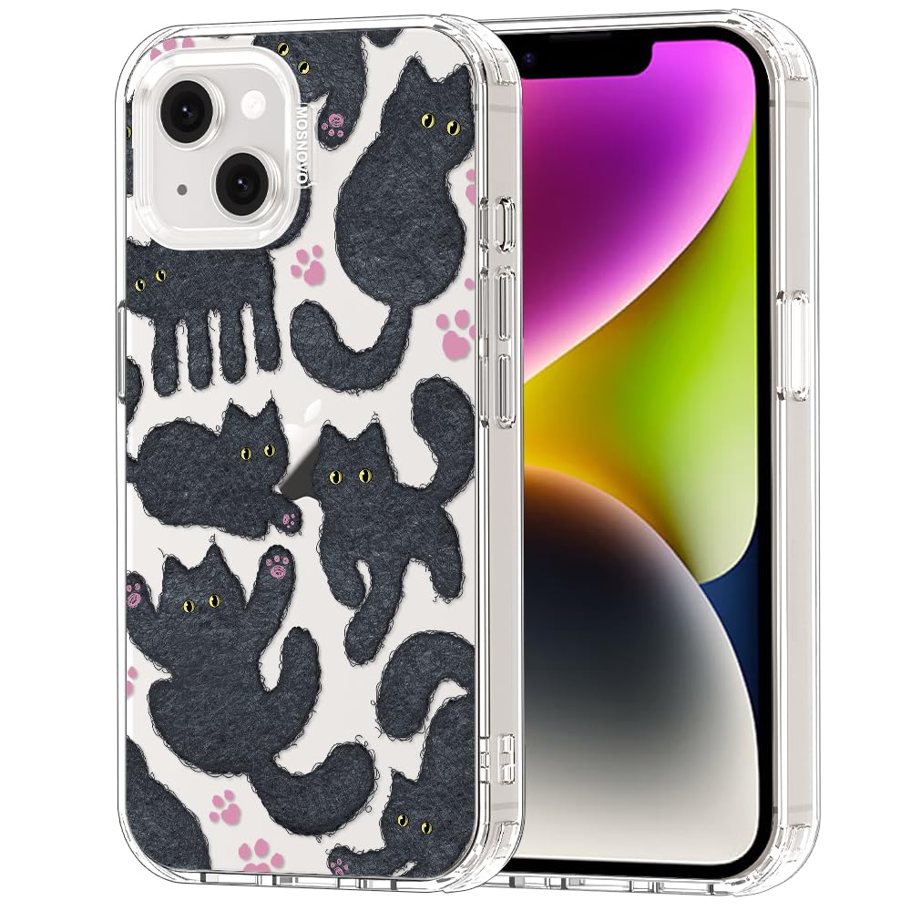 MOSNOVO for iPhone 13/14 Case | Military Grade 6.6ft Drop Tested | Clear with Black Furry Cat Design