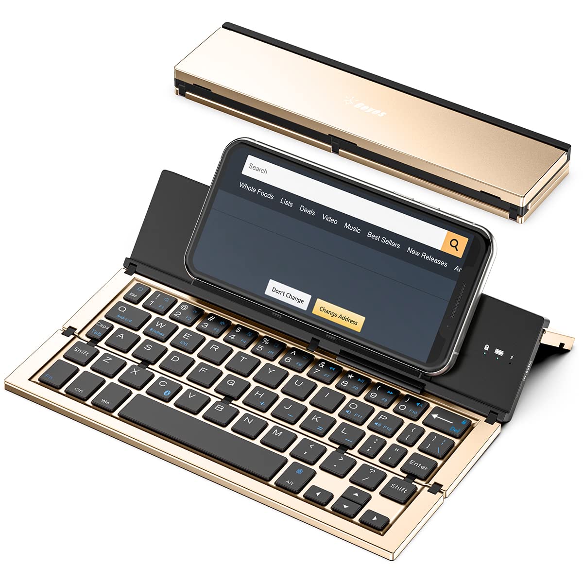 Geyes Folding Bluetooth Keyboard, Wireless Foldable Keyboard With Portable Pocket Size, Aluminum Alloy Housing, Carrying Pouch, For Ipad, Iphone, And More Tablets, Laptops And Smartphones(Gold)