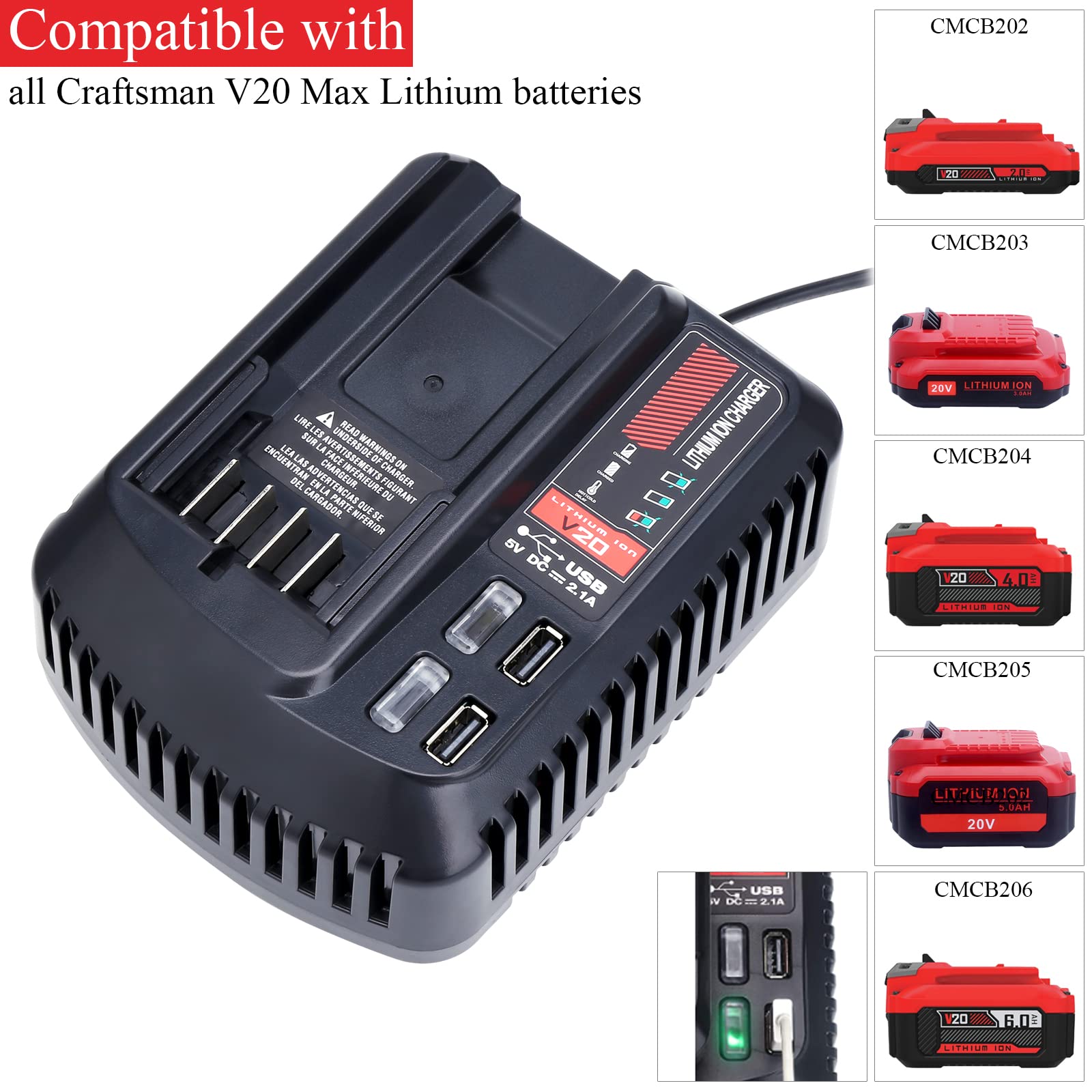 Lasica Cmcb104 Replacement For Craftsman V20 Battery Fast Charger, Compatible With Craftsman 20V Battery Charger Cmcb202 Cmcb204