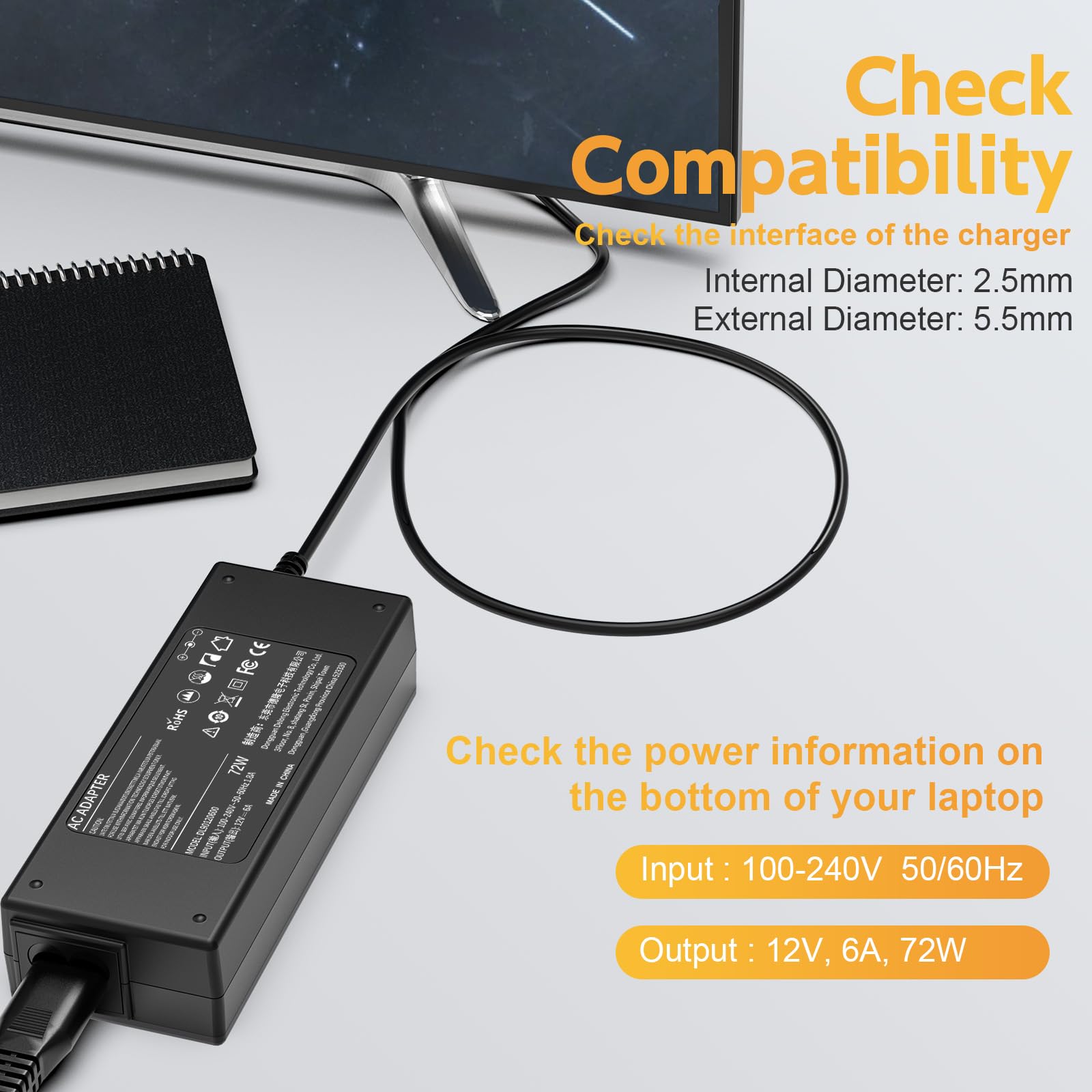 12V Power Cord For Insignia Tv 32' 28' 24' 20' 19', Ns 32D312Na15, Ns 32D312Na19, Ns 32D311Na15, Ns 32D220Na16, Ns 24Ed310Na15, Ns 19E310A13, Ns 24E200Na14, Ns 32D420Na16 Power Supply