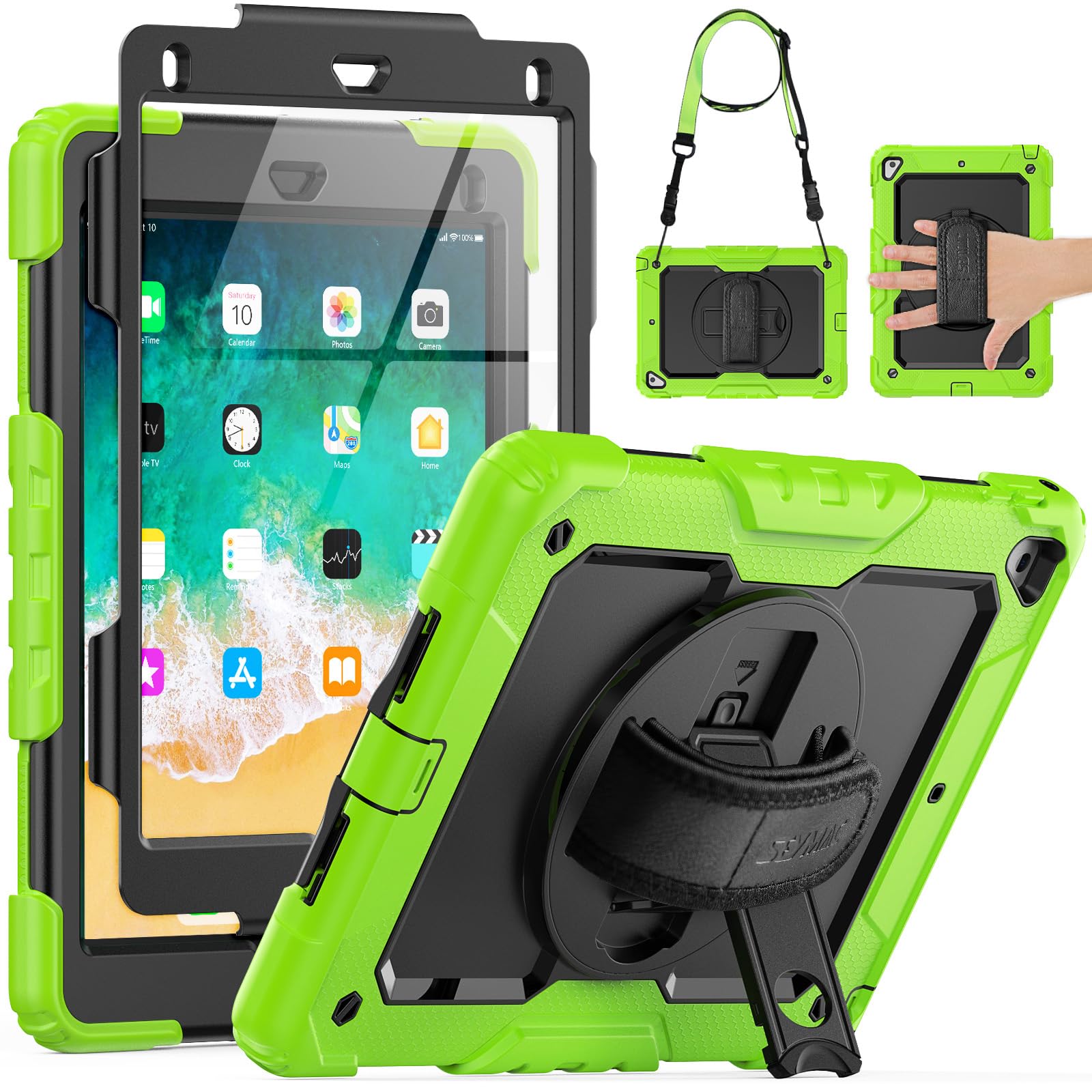 Seymac Case For Ipad 6Th/5Th Generation Case 9.7 Inch, Full Body Shockproof Heavy Duty Protective Case With Screen Protector, Rotating Stand/Hand/Shoulder Strap For Ipad Air 2/ Pro 9.7, Green
