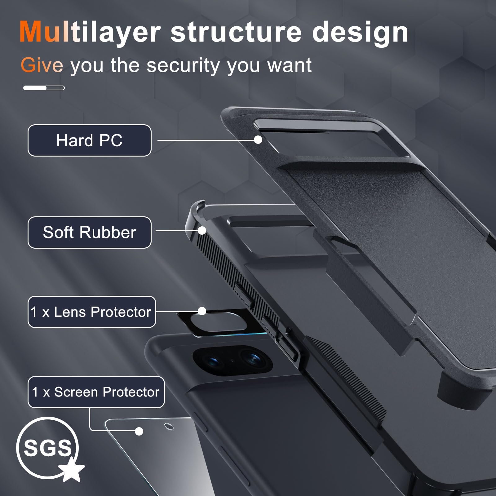 For Google Pixel 8 Case, Full Body Heavy Duty Rugged Shockproof Protective Phone Cover With Wrist Lanyard Strap, Tempered Glass