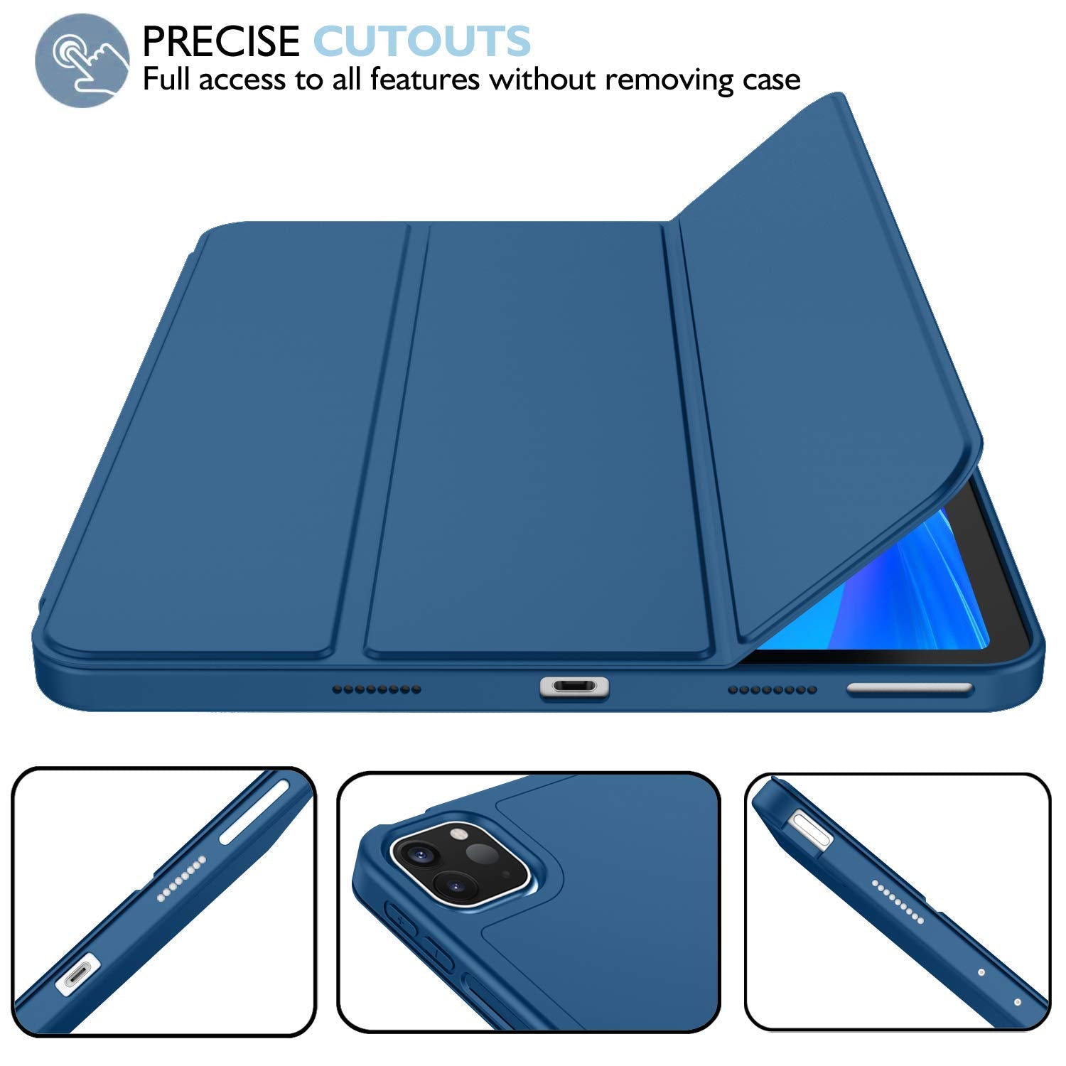 Imieet New Ipad Pro 11 Inch Case 2022(4Th Gen)/ 2021(3Rd Gen) With Pencil Holder [Support Ipad 2Nd Pencil Charging/Pair],Trifold Stand Smart Case With Soft Tpu Back,Auto Wake/Sleep(Navy Blue)
