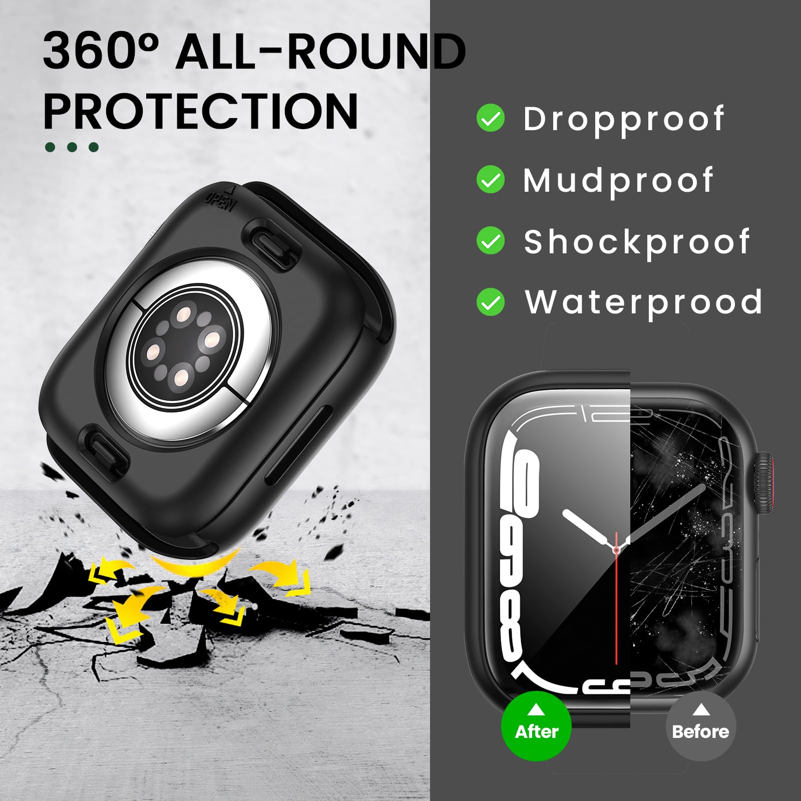 3 In 1 Goton Waterproof Hard Case For Apple Watch Screen Protector 44Mm, 360 Slim Full Protective Tempered Glass Face Cover + Ba