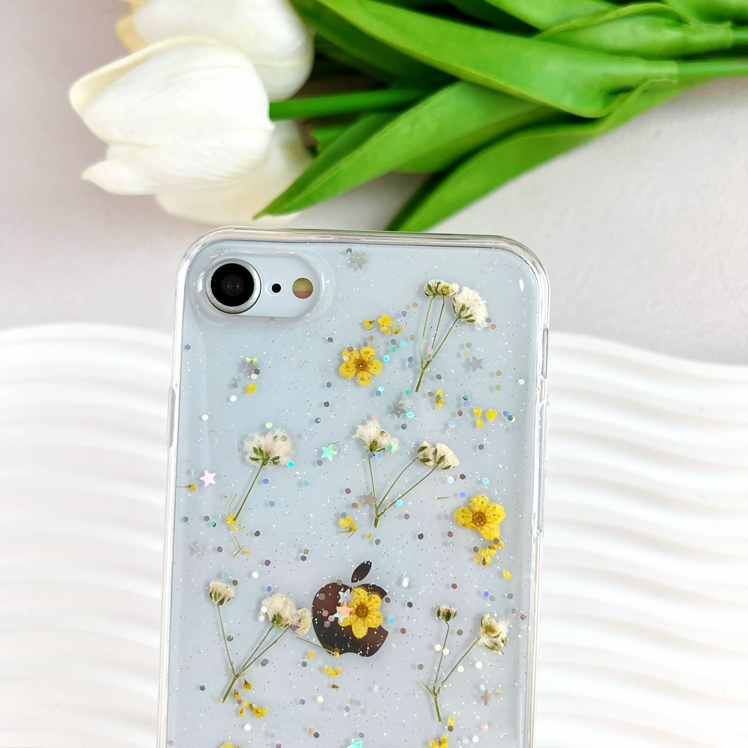 Lseeka For Iphone Se 2022/ Se 2020/8/7 Clear Case With Pressed Real Flowers Design,Glitter Cute Yellow Floral Pattern Slim Soft