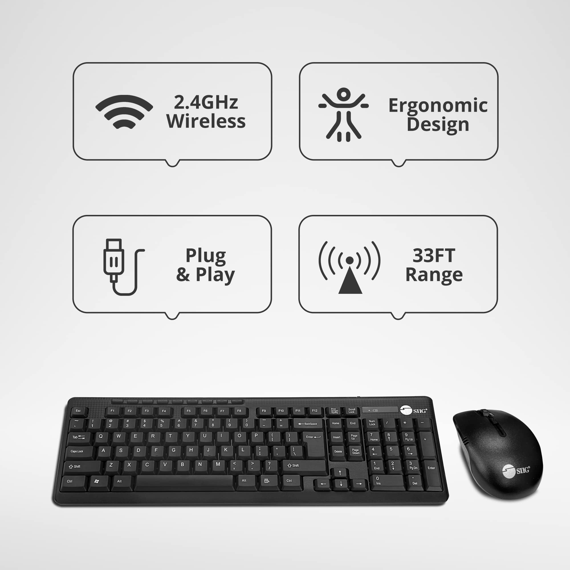 Siig Jk-Wr0T12-S1 Standard Size 102Key Wireless Keyboard With 3Button Wireless Optical Mouse, Black