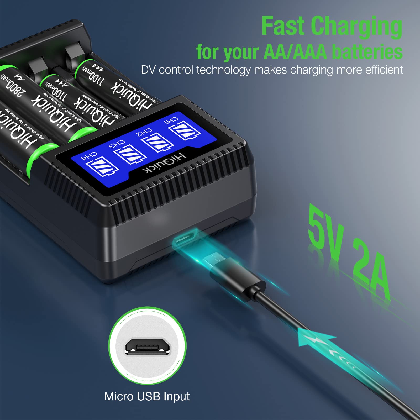 Hiquick 4 Bay Aa Aaa Battery Charger, Usb Input Fast Charging And Independent Charging Slot With Smart Lcd Display Battery Charg