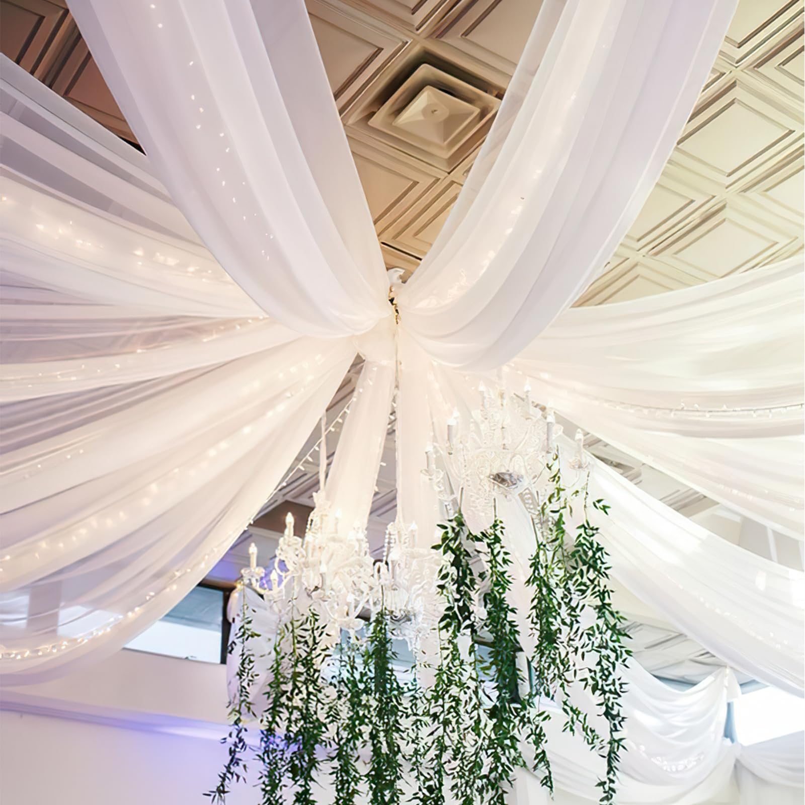 White Chiffon Ceiling Drapes 6 Panels 5ftx15ft Wedding Ceiling Draping Fabric Sheer Swag Drapes for Indoor Ceremony Conservatory